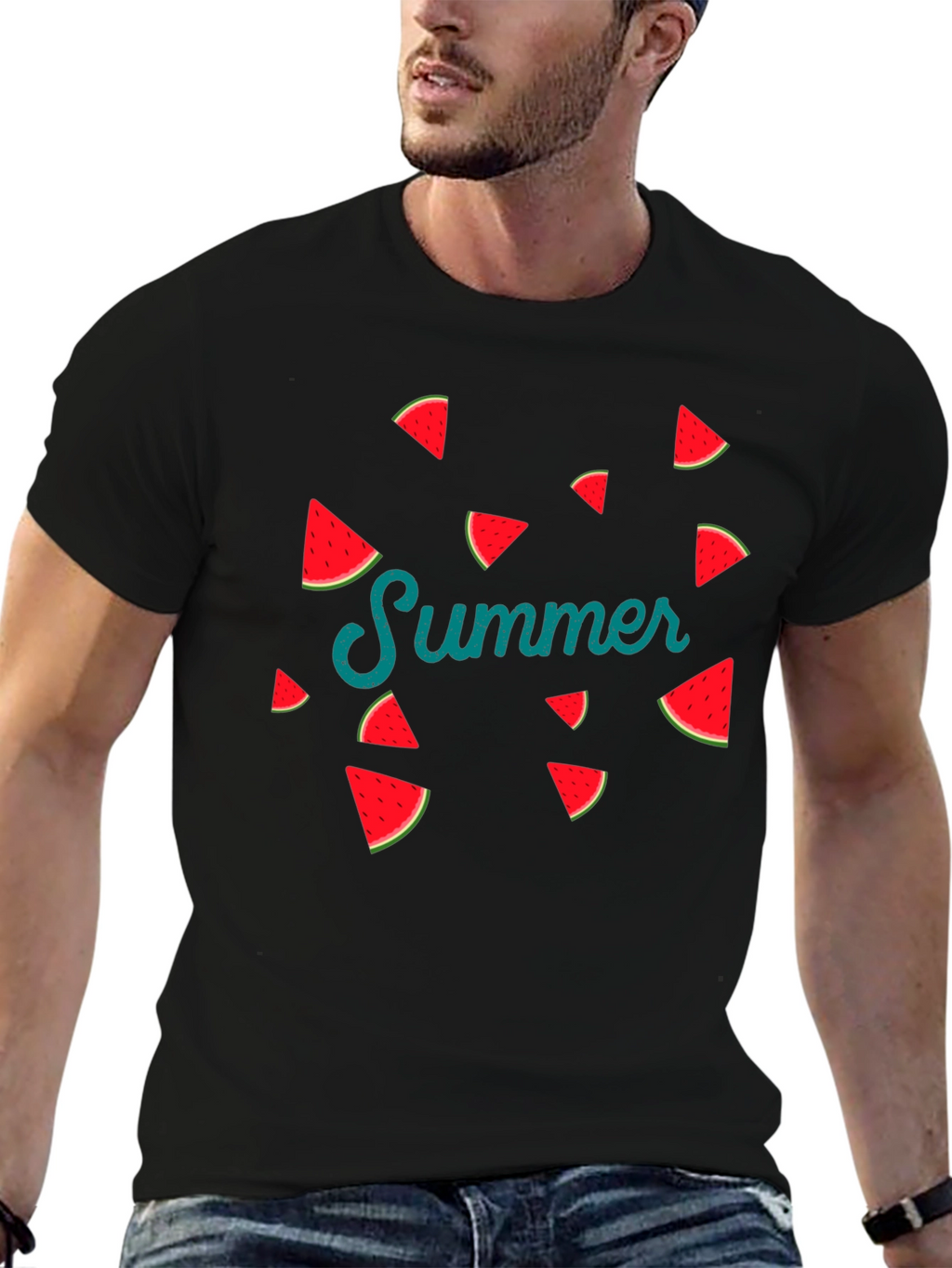 Summer Watermelon Graphic Print Black T-Shirt