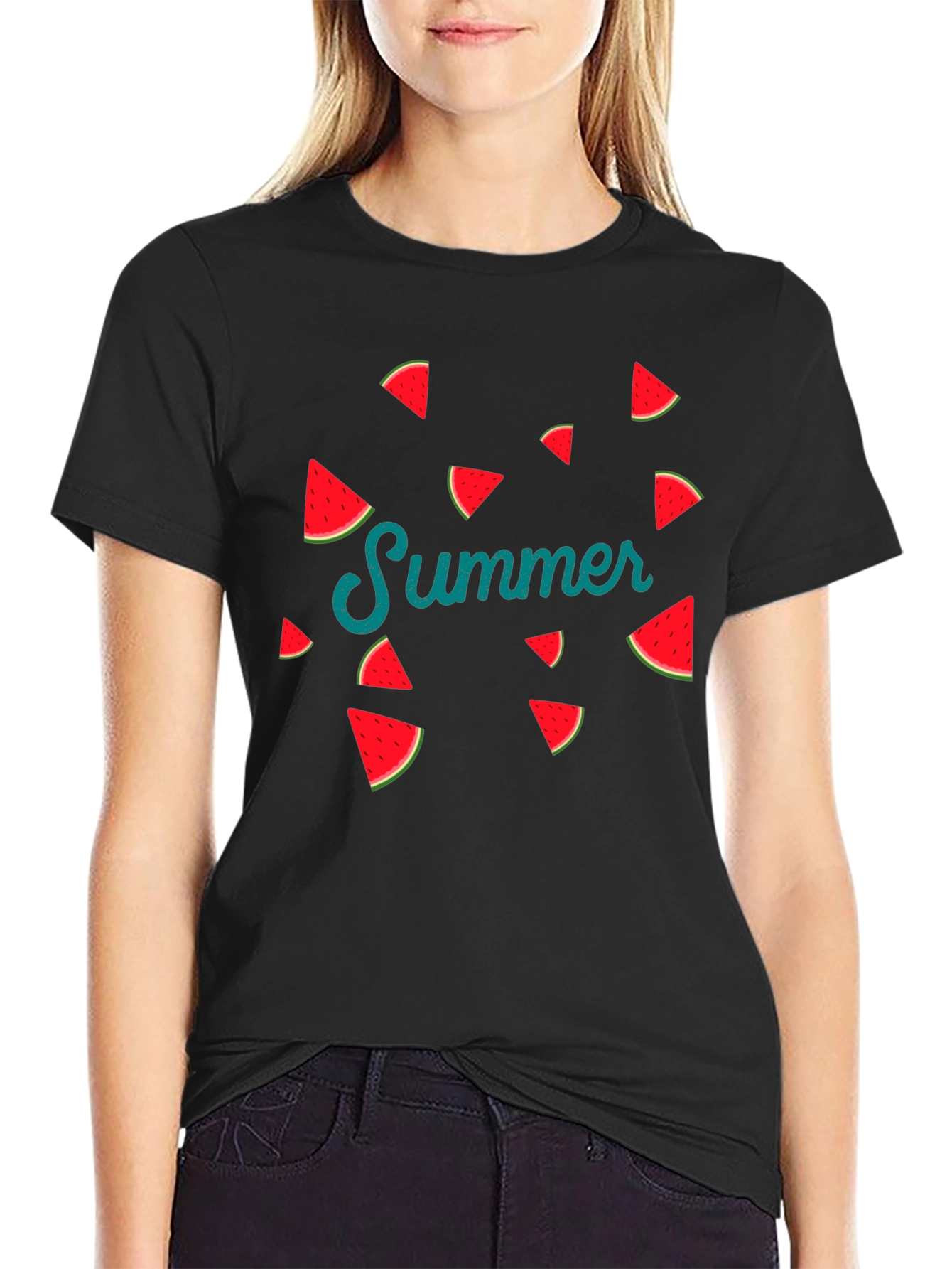 Summer Watermelon Graphic Print Black T-Shirt