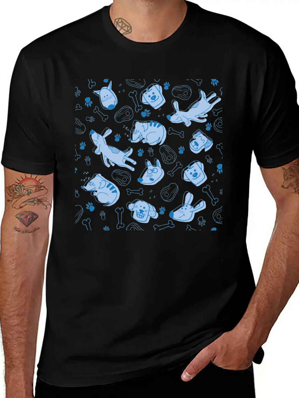 Dog Dogs Pattern Blue Cute Funny Dog Owner Unisex Short Sleeve Soft Cotton T-Shirt – Casual Everyday Wear
