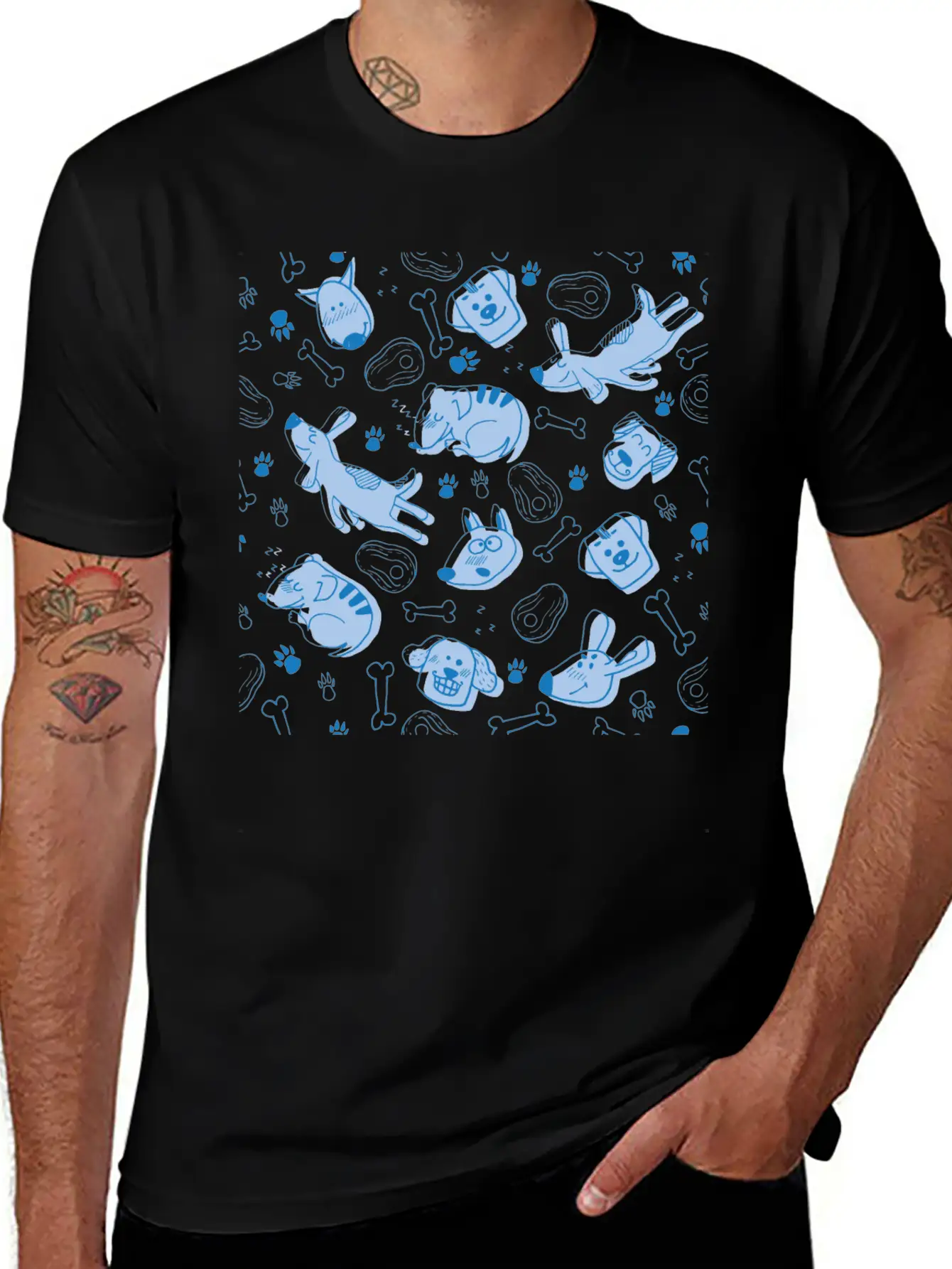 Dog Dogs Pattern Blue Cute Funny Dog Owner Unisex Short Sleeve Soft Cotton T-Shirt – Casual Everyday Wear