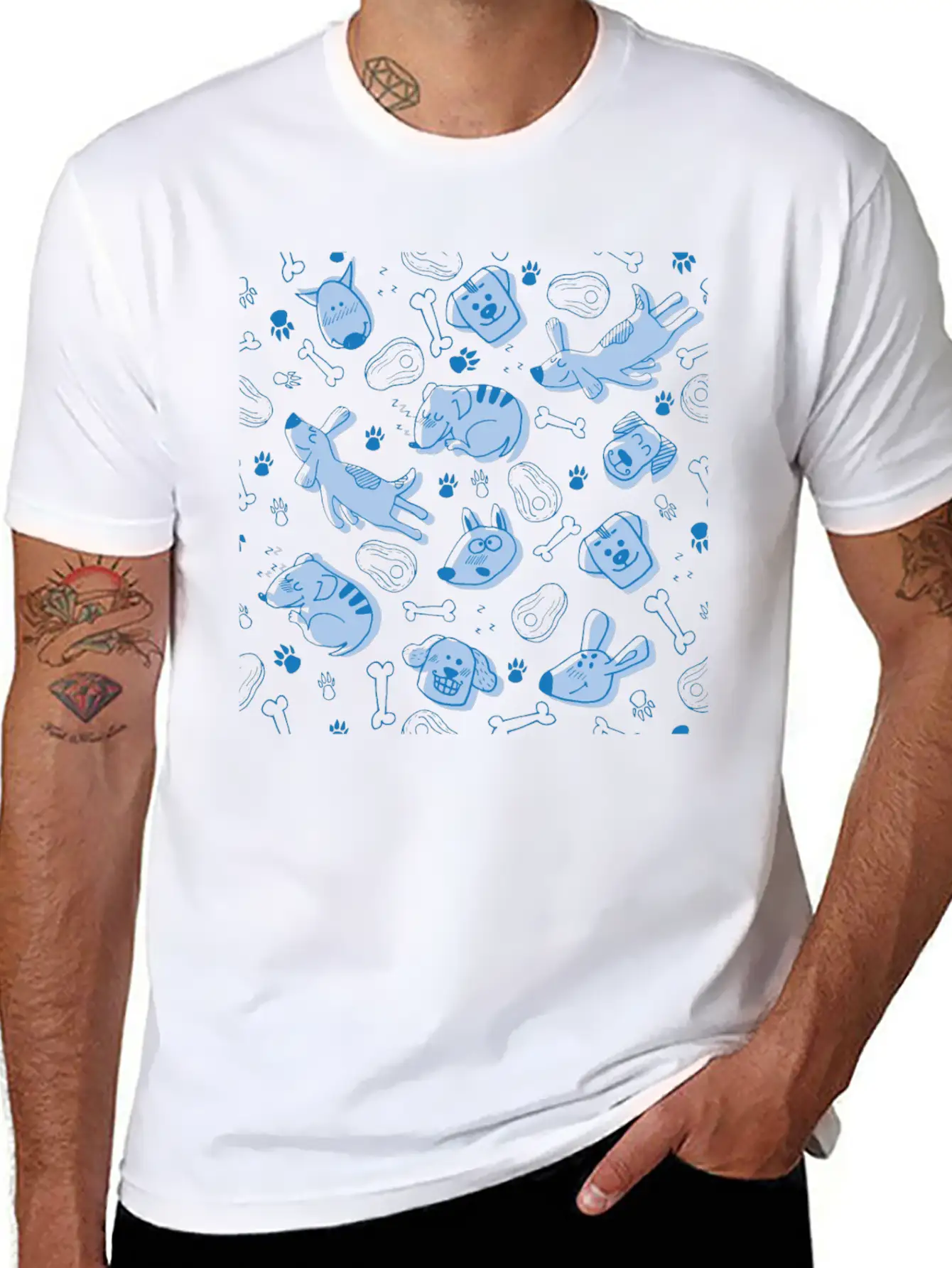 Dog Dogs Pattern Blue Cute Funny Dog Owner Unisex Short Sleeve Soft Cotton T-Shirt – Casual Everyday Wear