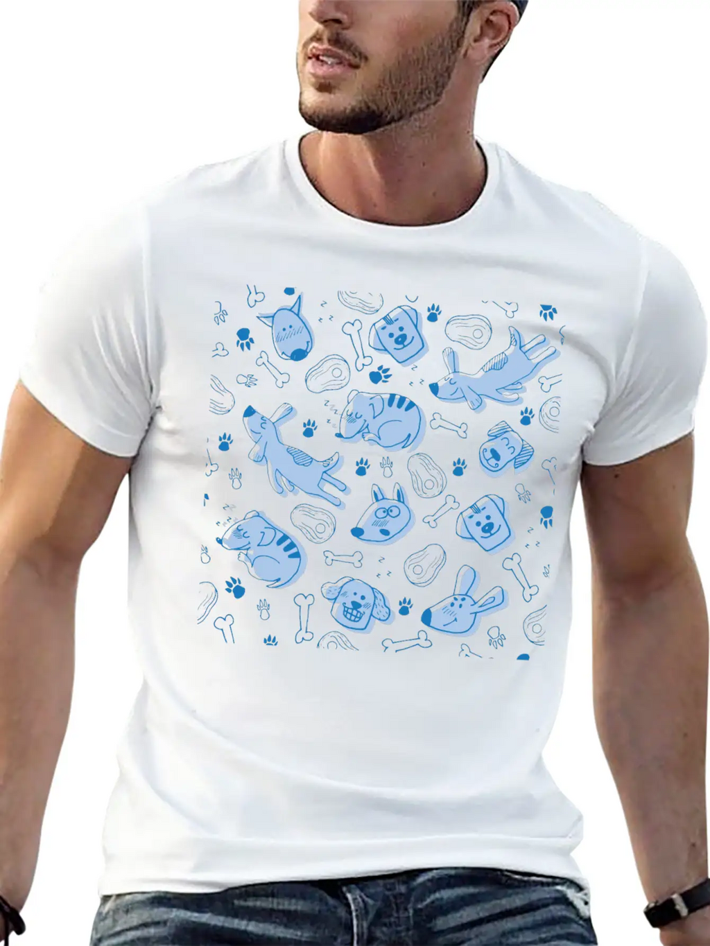 Dog Dogs Pattern Blue Cute Funny Dog Owner Unisex Short Sleeve Soft Cotton T-Shirt – Casual Everyday Wear