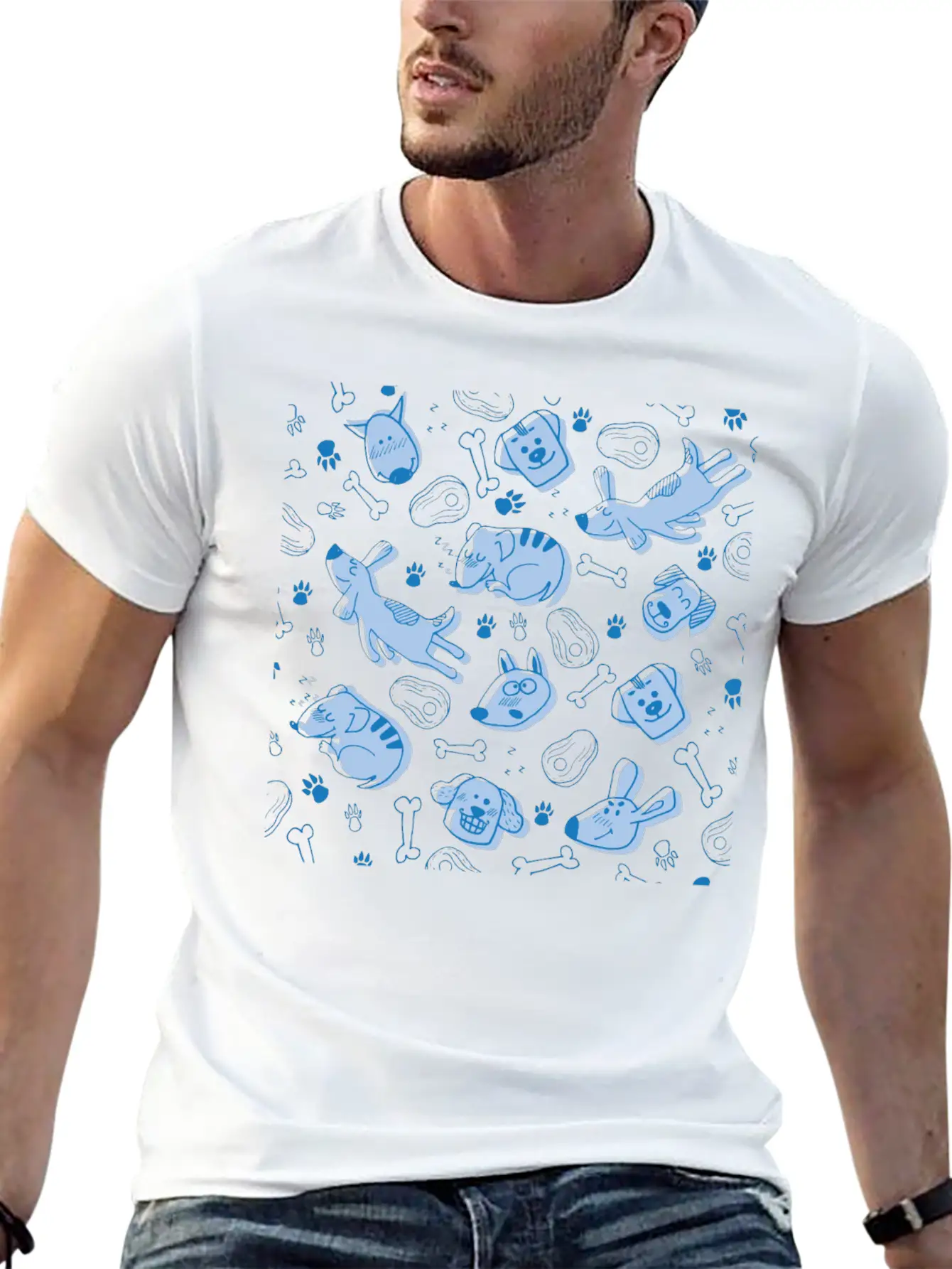 Dog Dogs Pattern Blue Cute Funny Dog Owner Unisex Short Sleeve Soft Cotton T-Shirt – Casual Everyday Wear