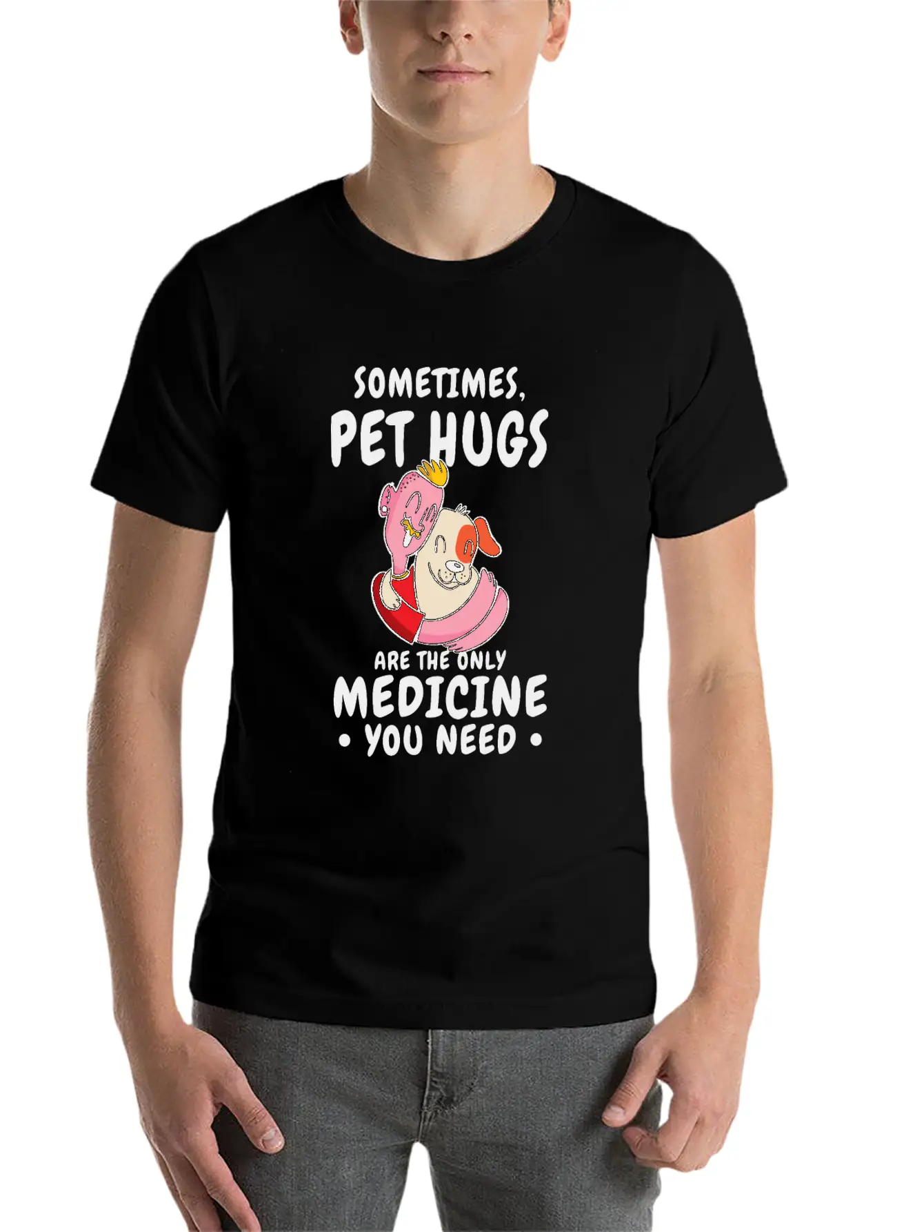 Dog Pet Hug Medicine Dog Lover Self-care Stylish Everyday T-Shirt – Unisex Basic Cotton Tee