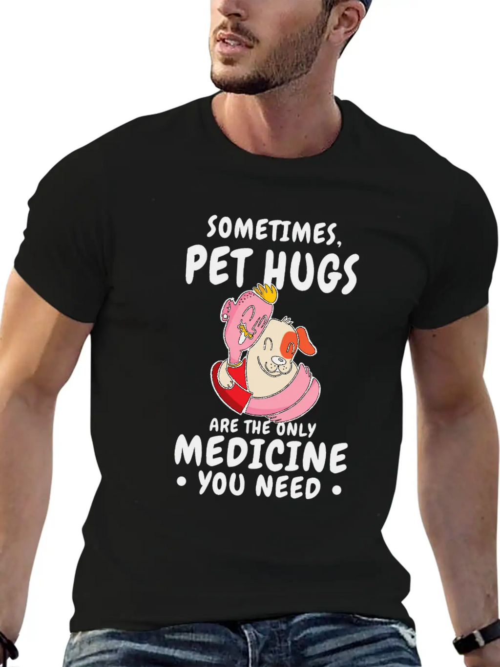 Dog Pet Hug Medicine Dog Lover Self-care Stylish Everyday T-Shirt – Unisex Basic Cotton Tee