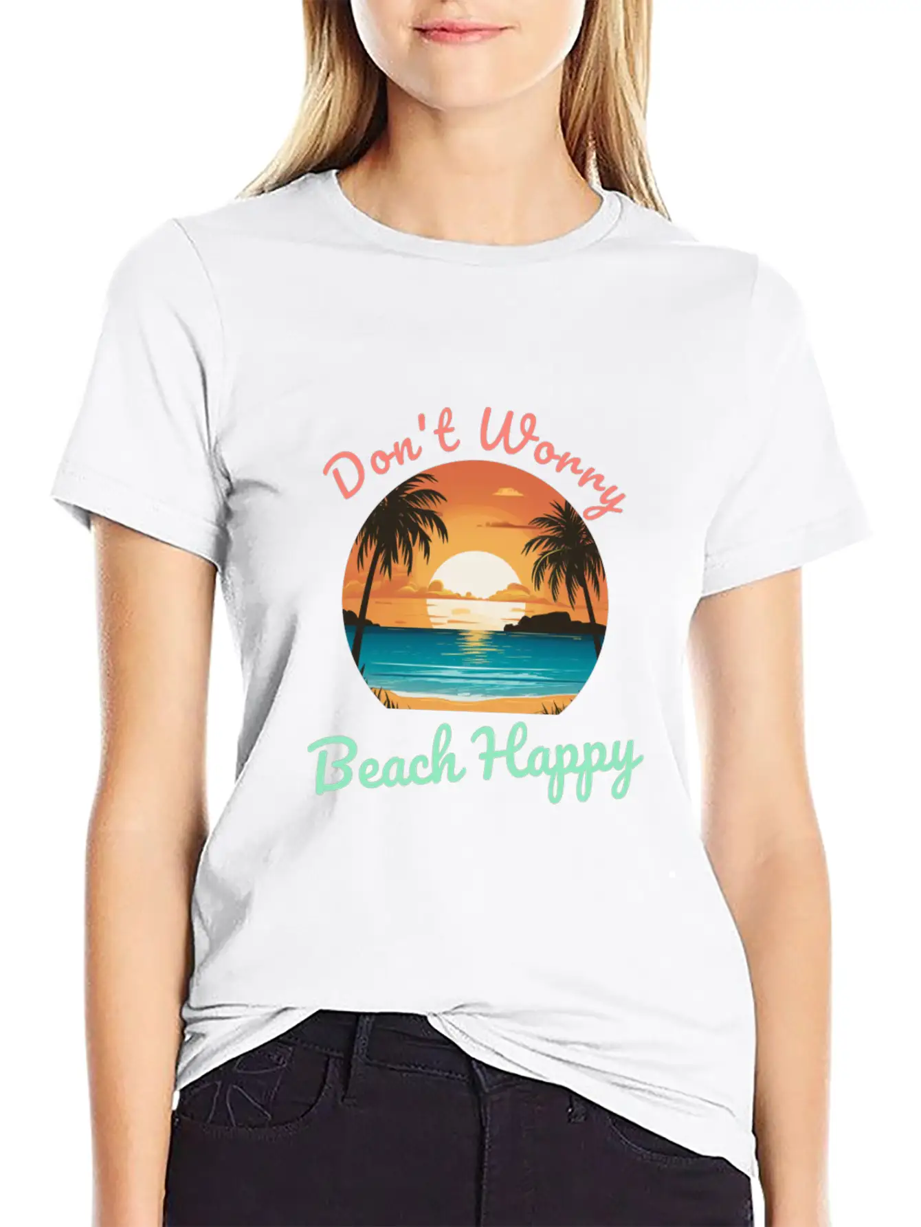 Don't Worry Beach Happy Unisex Short Sleeve Soft Cotton T-Shirt – Casual Everyday Wear