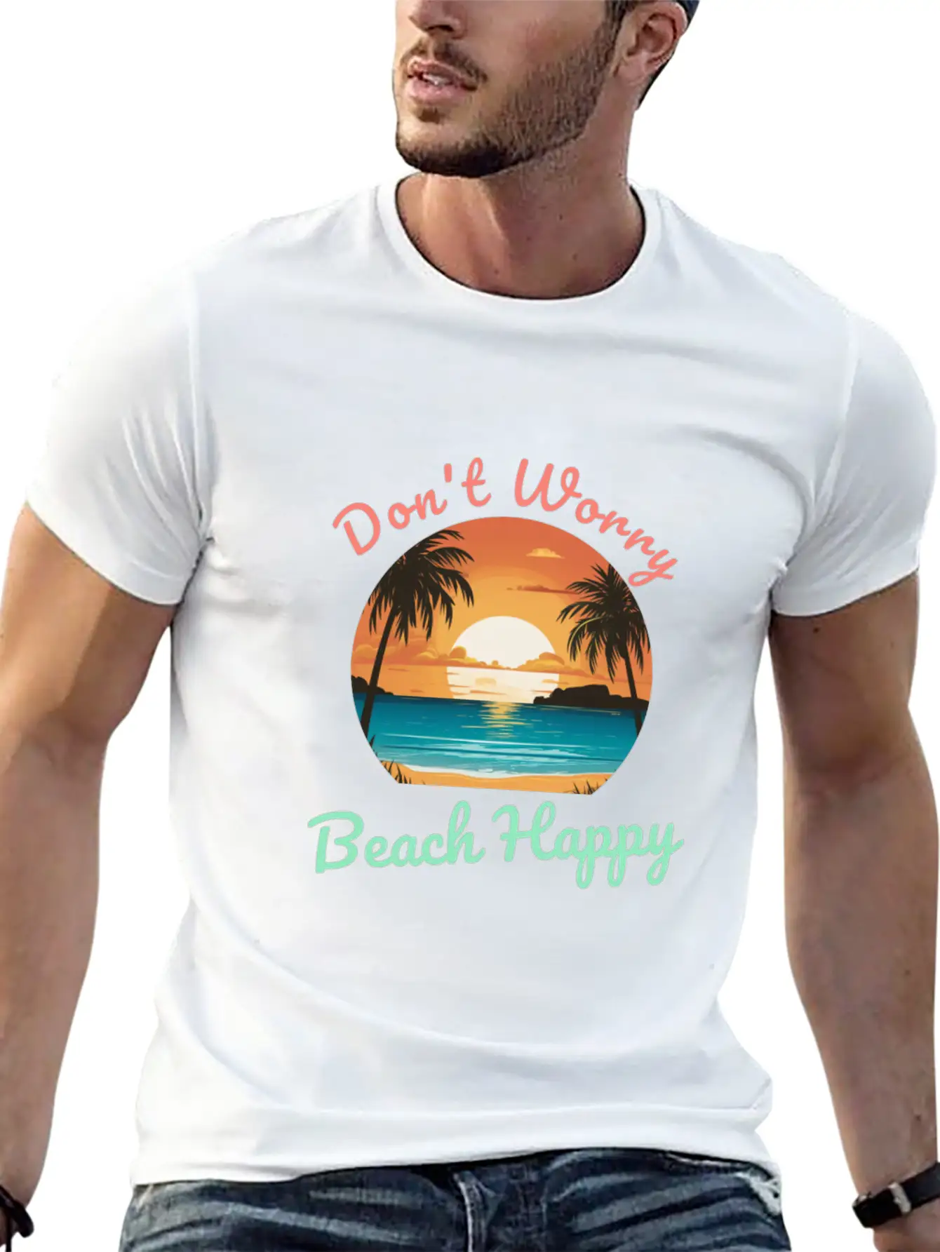 Don't Worry Beach Happy Unisex Short Sleeve Soft Cotton T-Shirt – Casual Everyday Wear