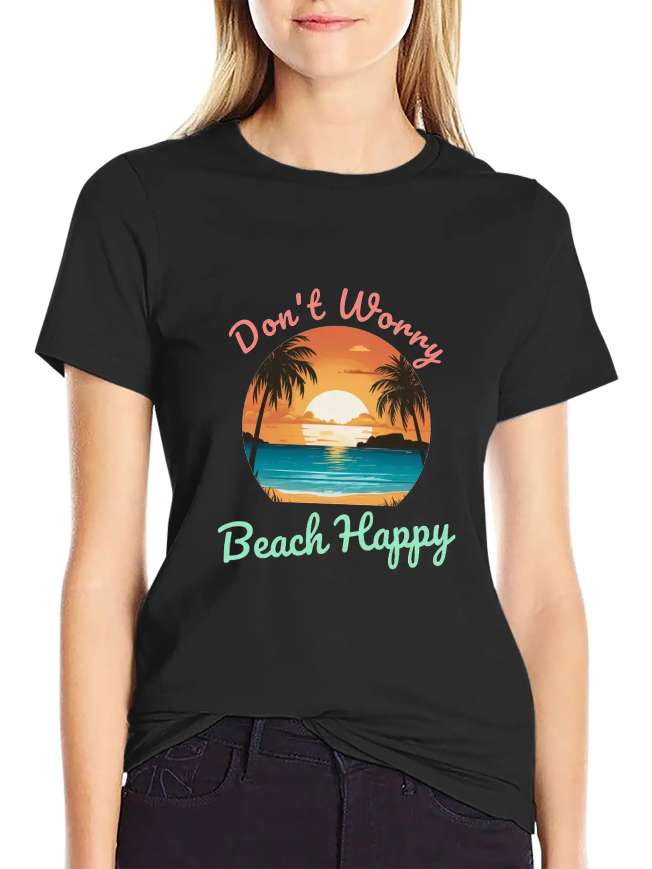 Don't Worry Beach Happy Unisex Short Sleeve Soft Cotton T-Shirt – Casual Everyday Wear