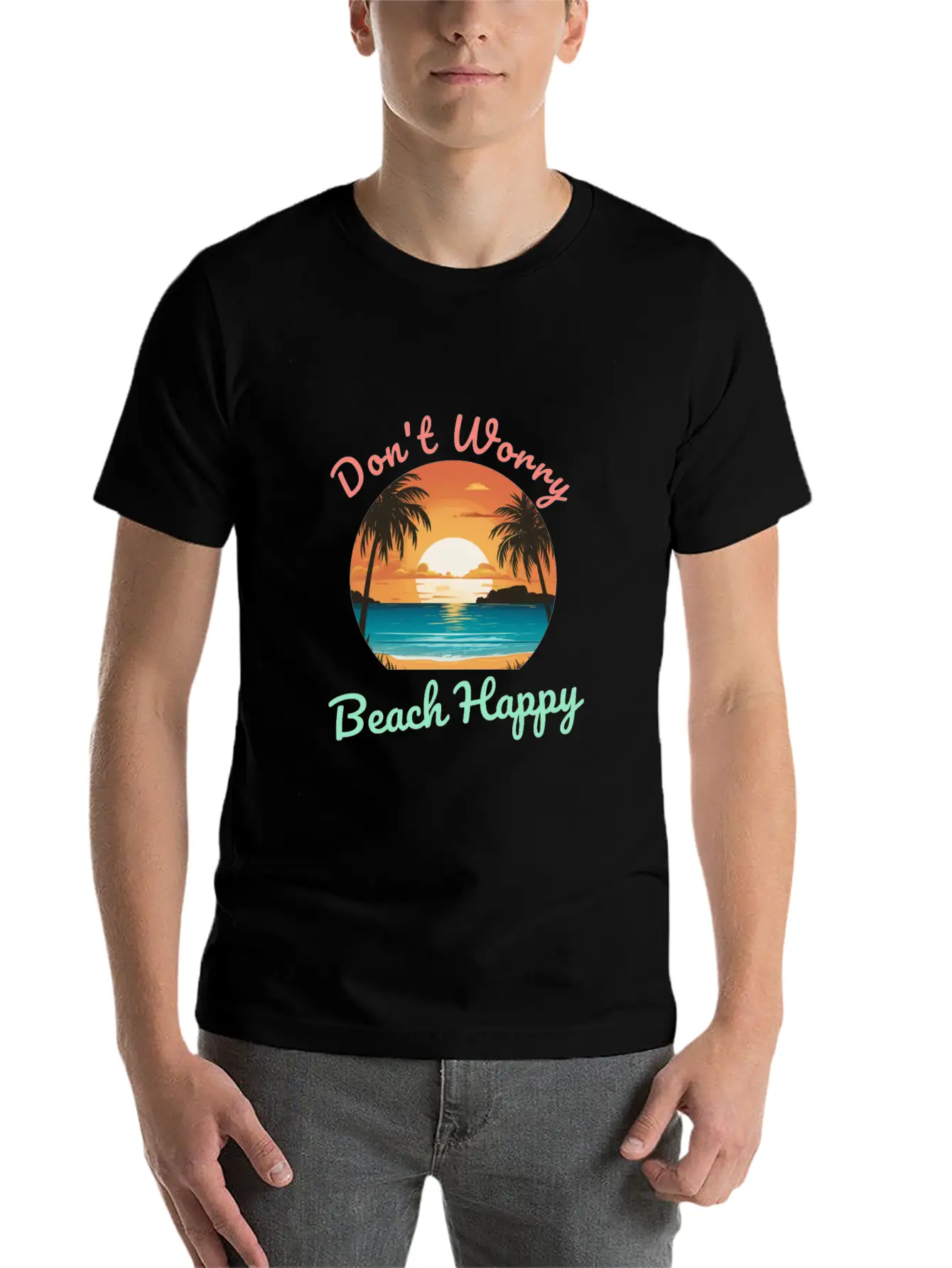 Don't Worry Beach Happy Unisex Short Sleeve Soft Cotton T-Shirt – Casual Everyday Wear