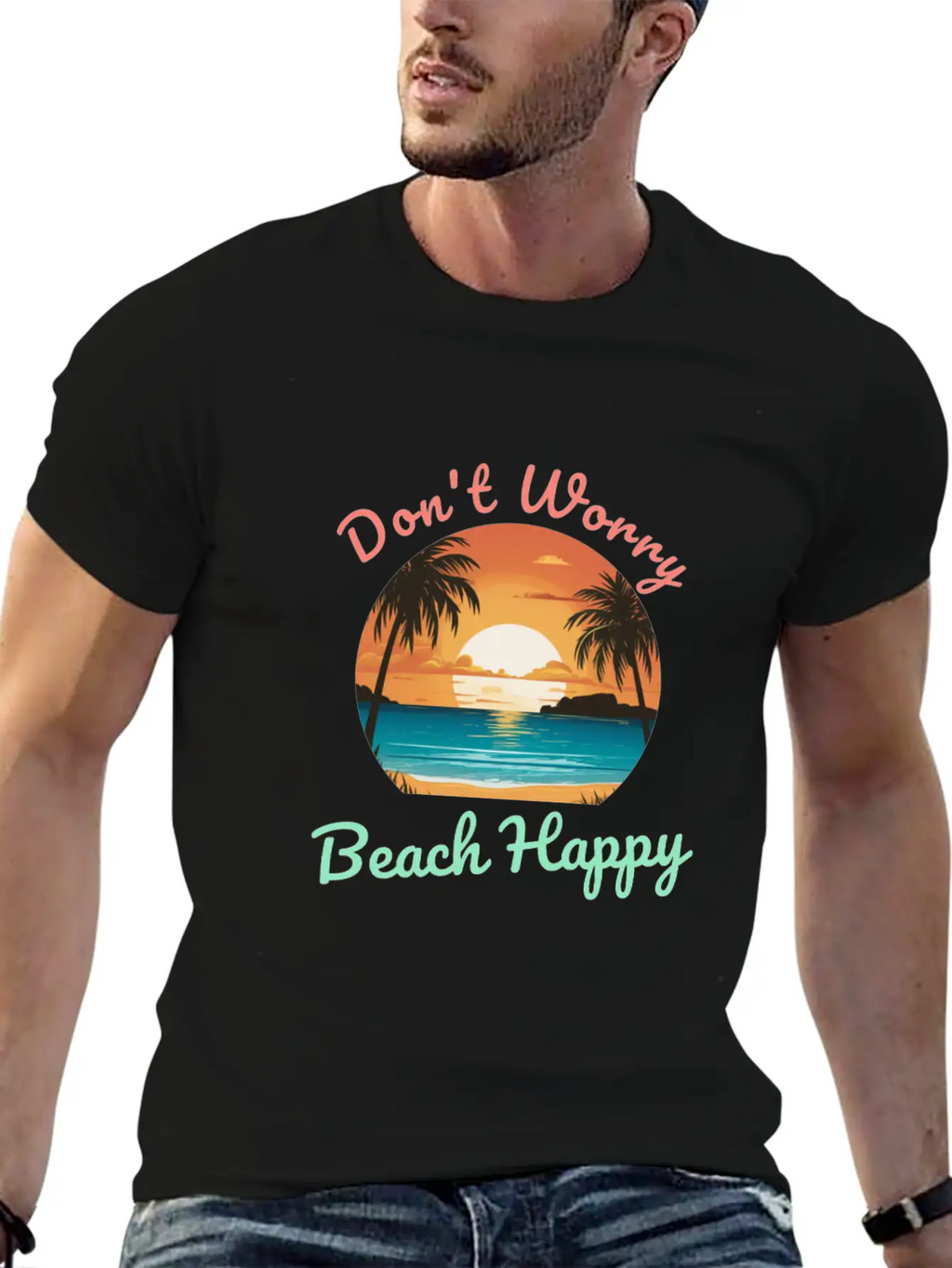 Don't Worry Beach Happy Unisex Short Sleeve Soft Cotton T-Shirt – Casual Everyday Wear