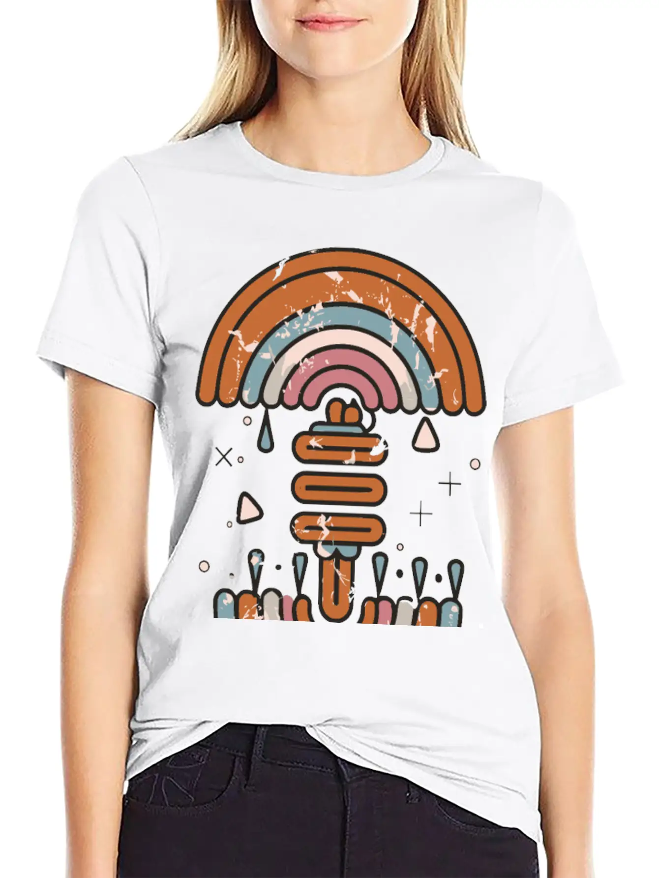Double Inverted Rainbow Grunge Distressed Design Casual Graphic T-Shirt – Simple And Comfortable Daily Wear