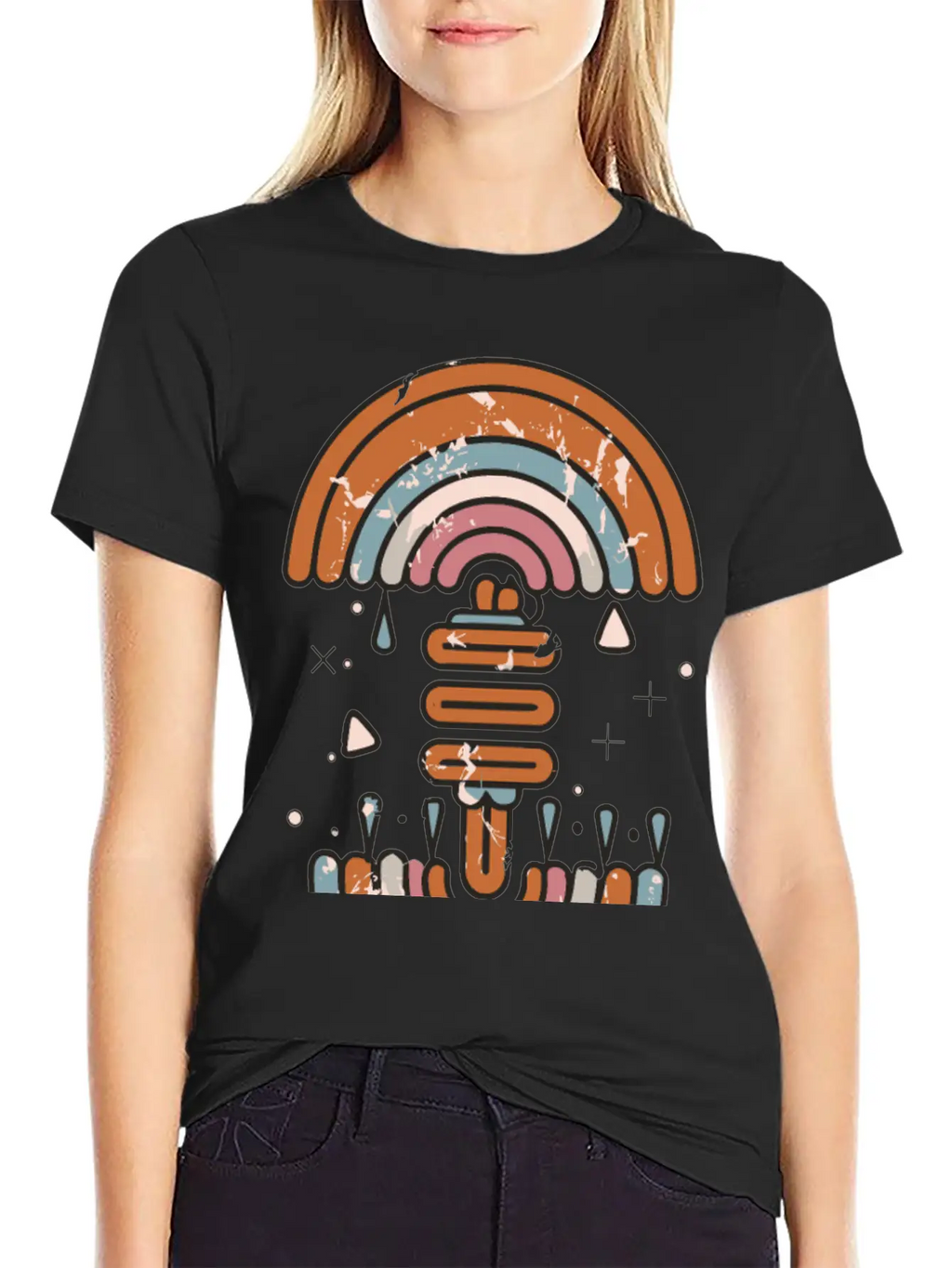 Double Inverted Rainbow Grunge Distressed Design Casual Graphic T-Shirt – Simple And Comfortable Daily Wear
