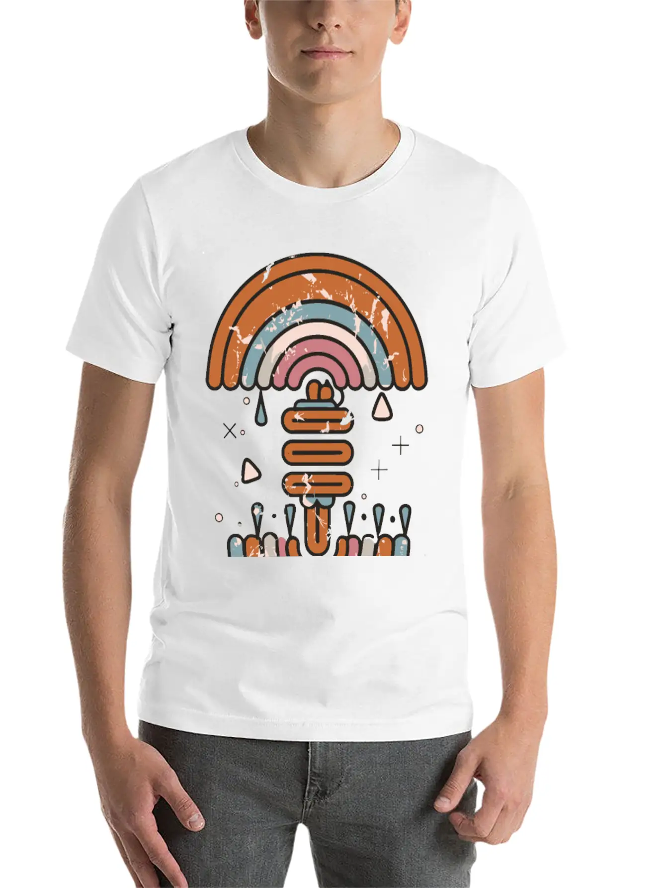 Double Inverted Rainbow Grunge Distressed Design Casual Graphic T-Shirt – Simple And Comfortable Daily Wear