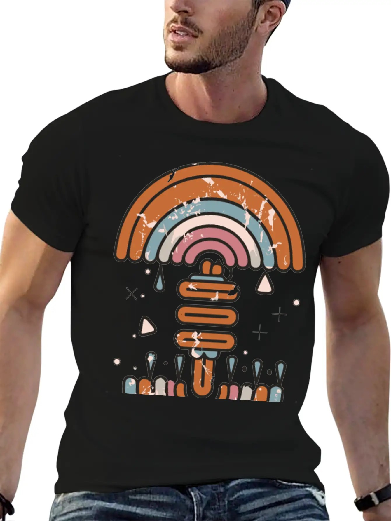 Double Inverted Rainbow Grunge Distressed Design Casual Graphic T-Shirt – Simple And Comfortable Daily Wear
