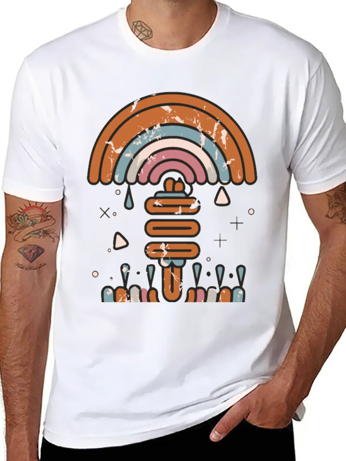 Double Inverted Rainbow Grunge Distressed Design Casual Graphic T-Shirt – Simple And Comfortable Daily Wear