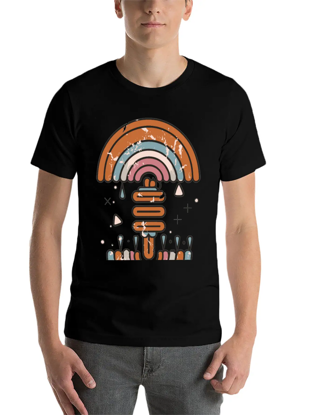 Double Inverted Rainbow Grunge Distressed Design Casual Graphic T-Shirt – Simple And Comfortable Daily Wear