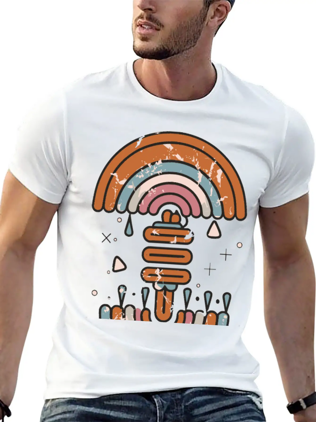 Double Inverted Rainbow Grunge Distressed Design Casual Graphic T-Shirt – Simple And Comfortable Daily Wear