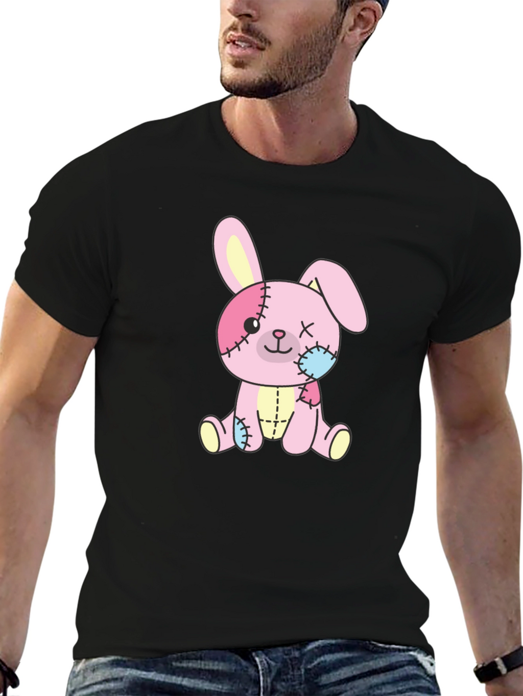 Cute Stitched Bunny Black T-Shirt