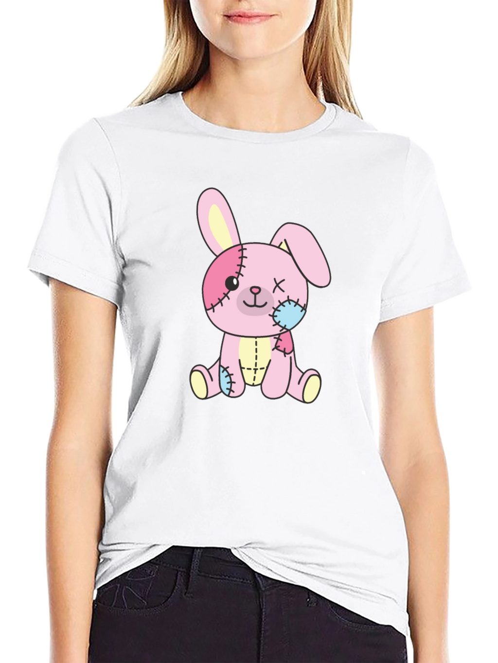 Cute Stitched Bunny Black T-Shirt