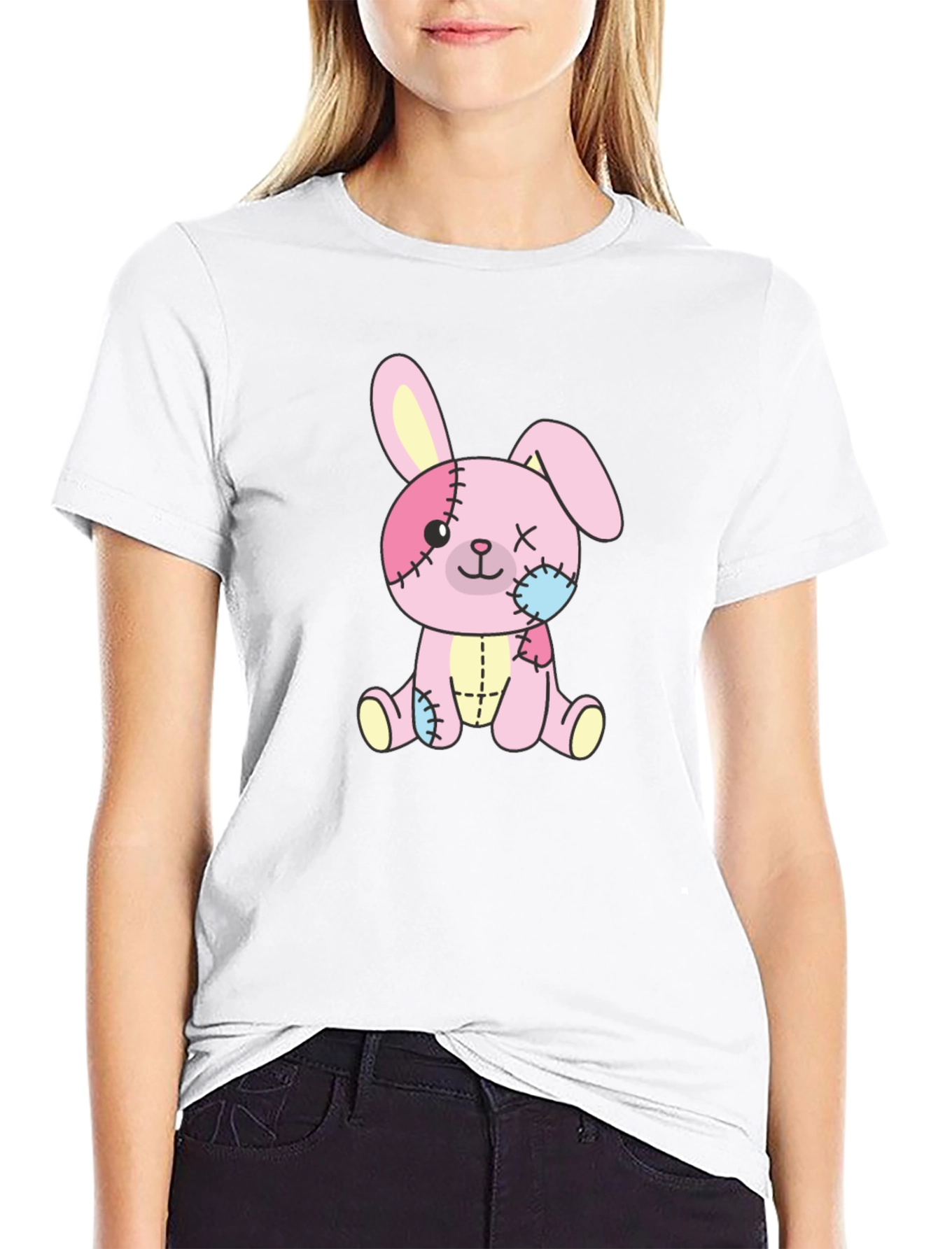 Cute Stitched Bunny Black T-Shirt