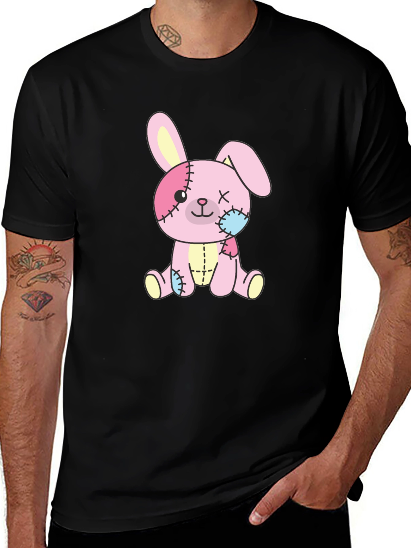 Cute Stitched Bunny Black T-Shirt