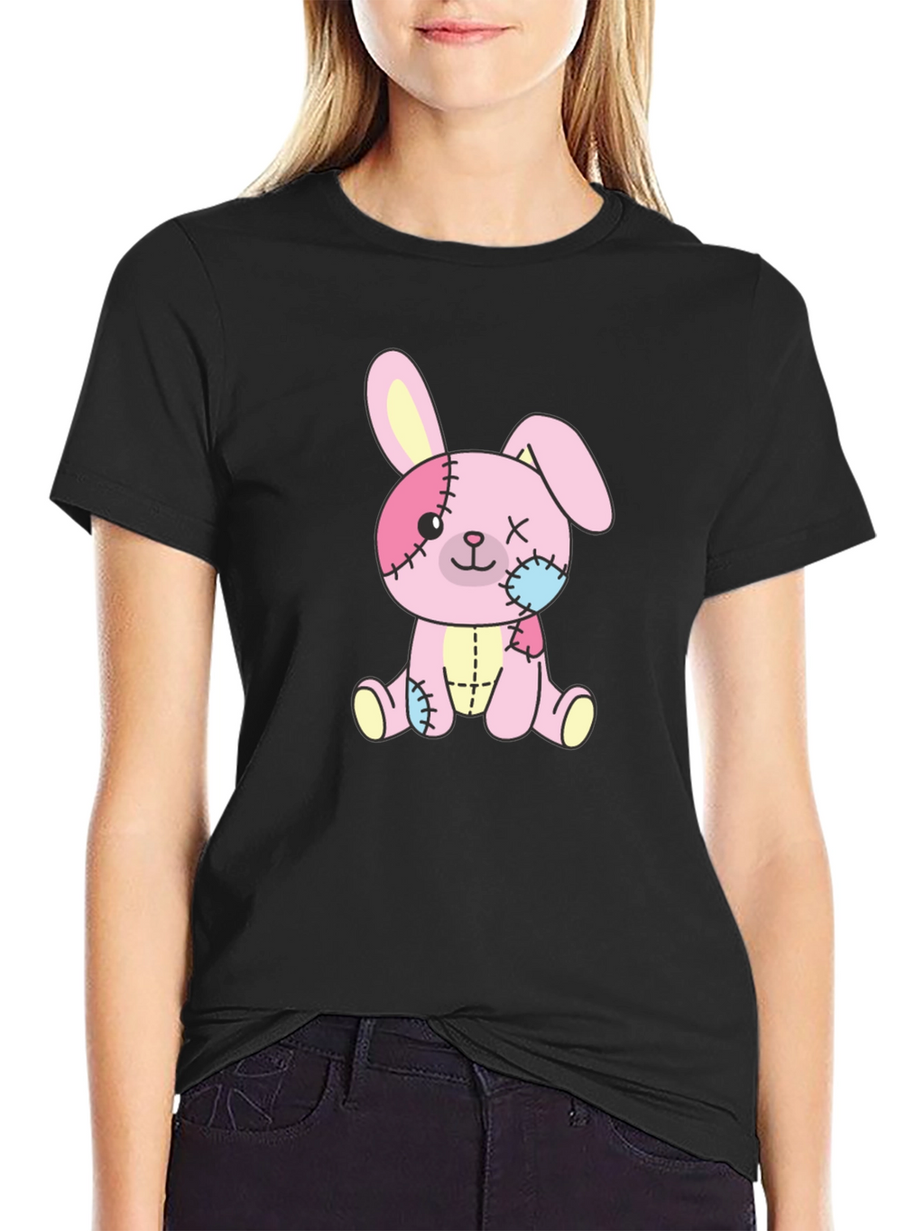 Cute Stitched Bunny Black T-Shirt