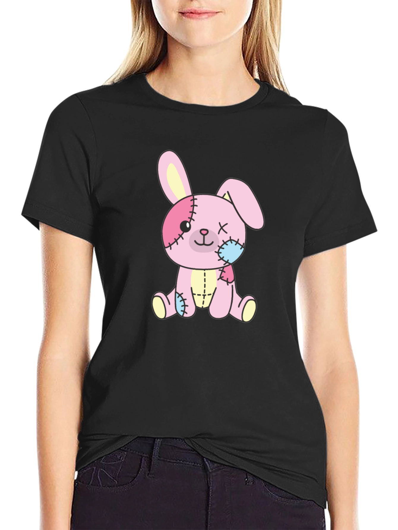 Cute Stitched Bunny Black T-Shirt