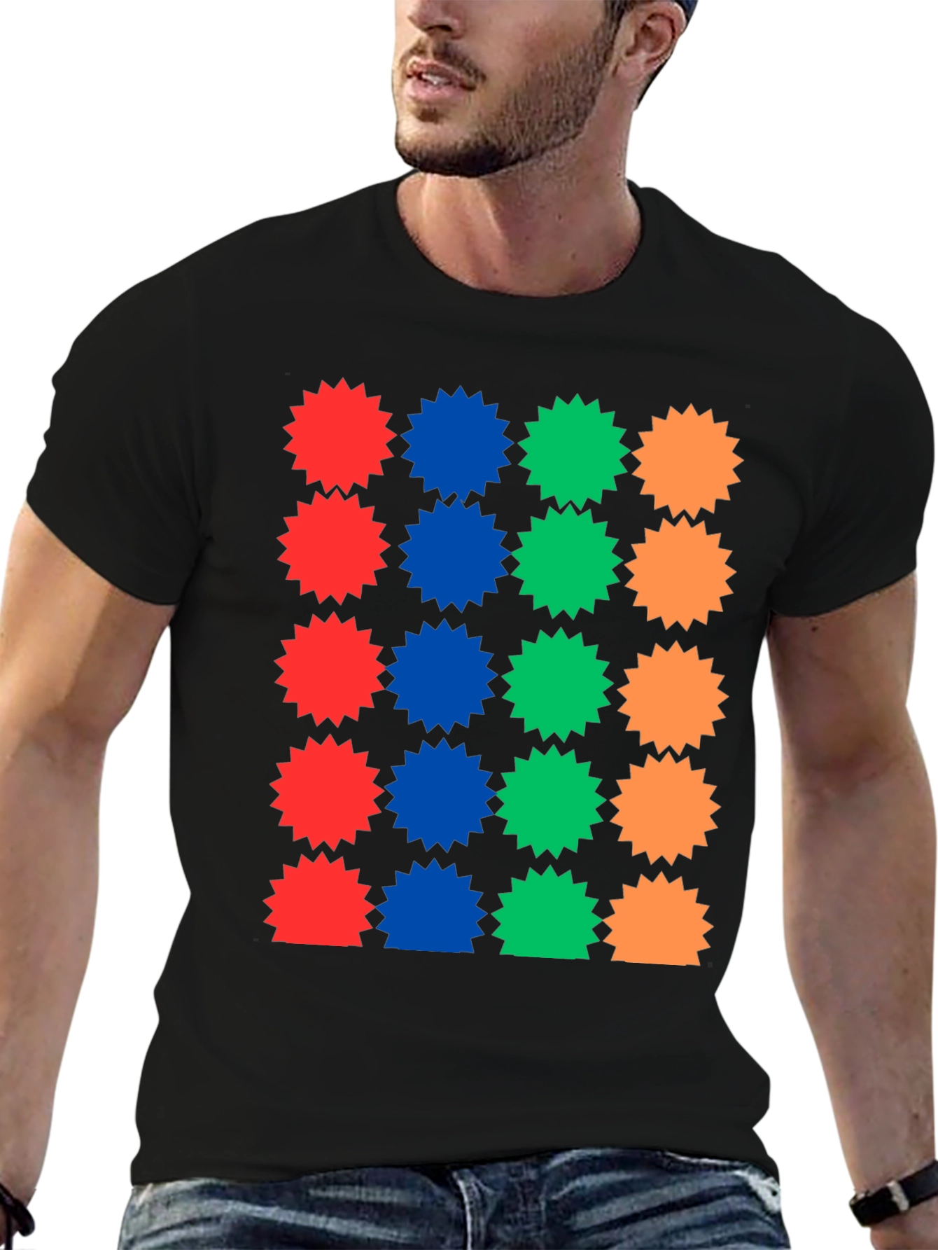 Colorful Starburst Pattern Black T-Shirt