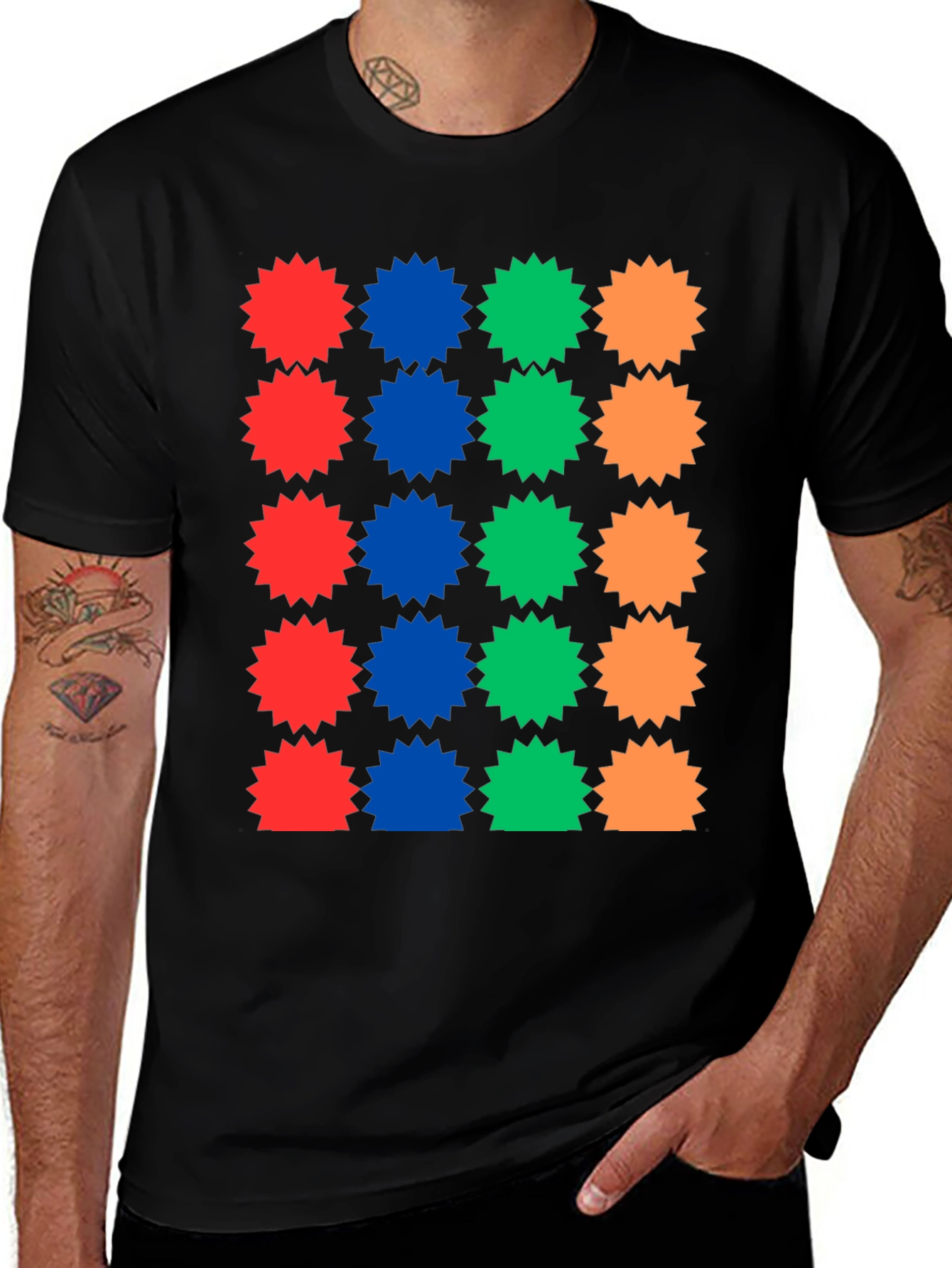 Colorful Starburst Pattern Black T-Shirt