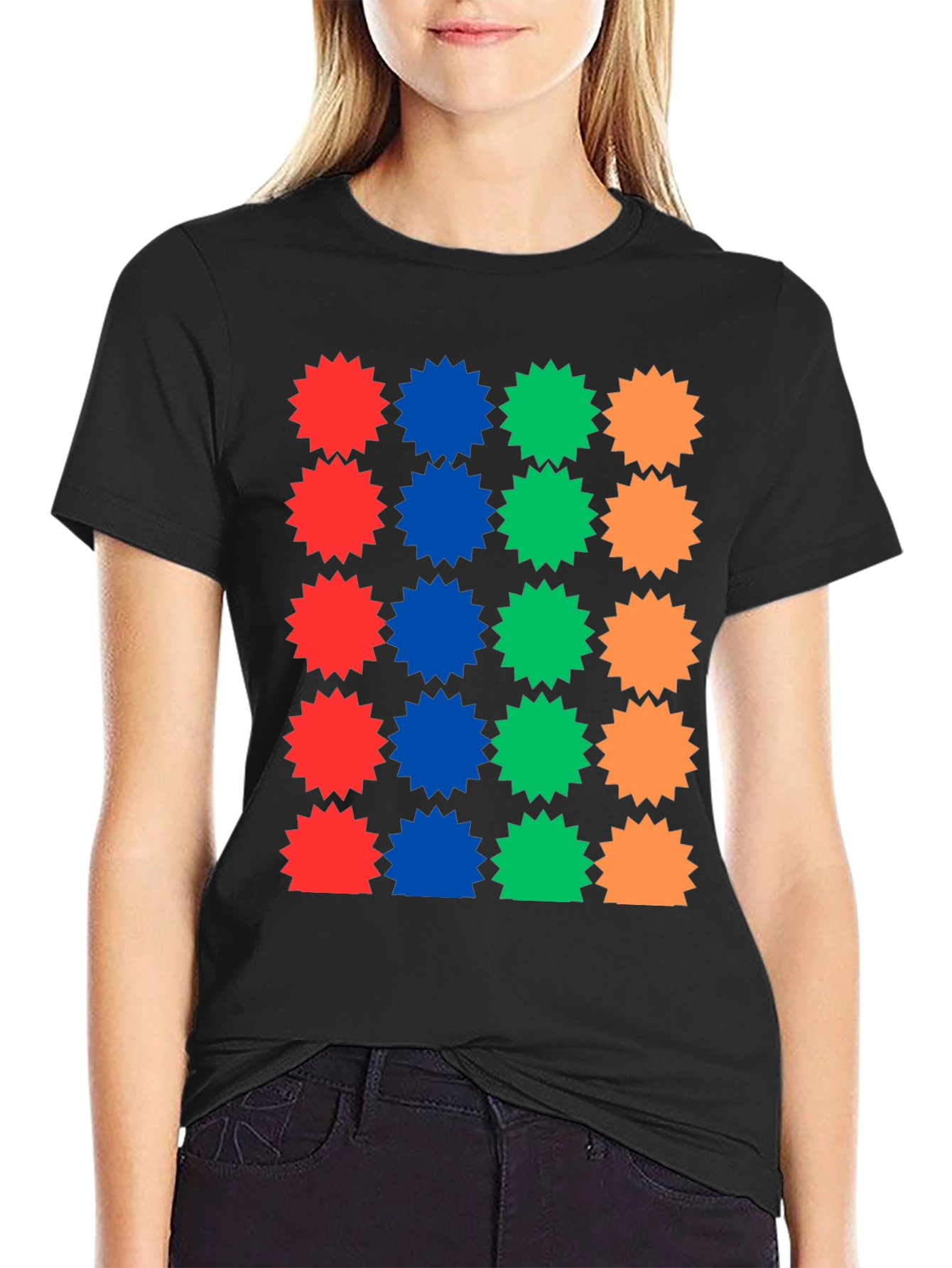 Colorful Starburst Pattern Black T-Shirt