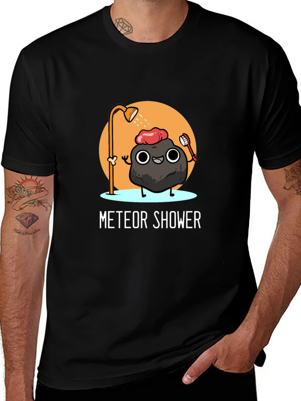 Meteor Shower Cartoon Black T-Shirt