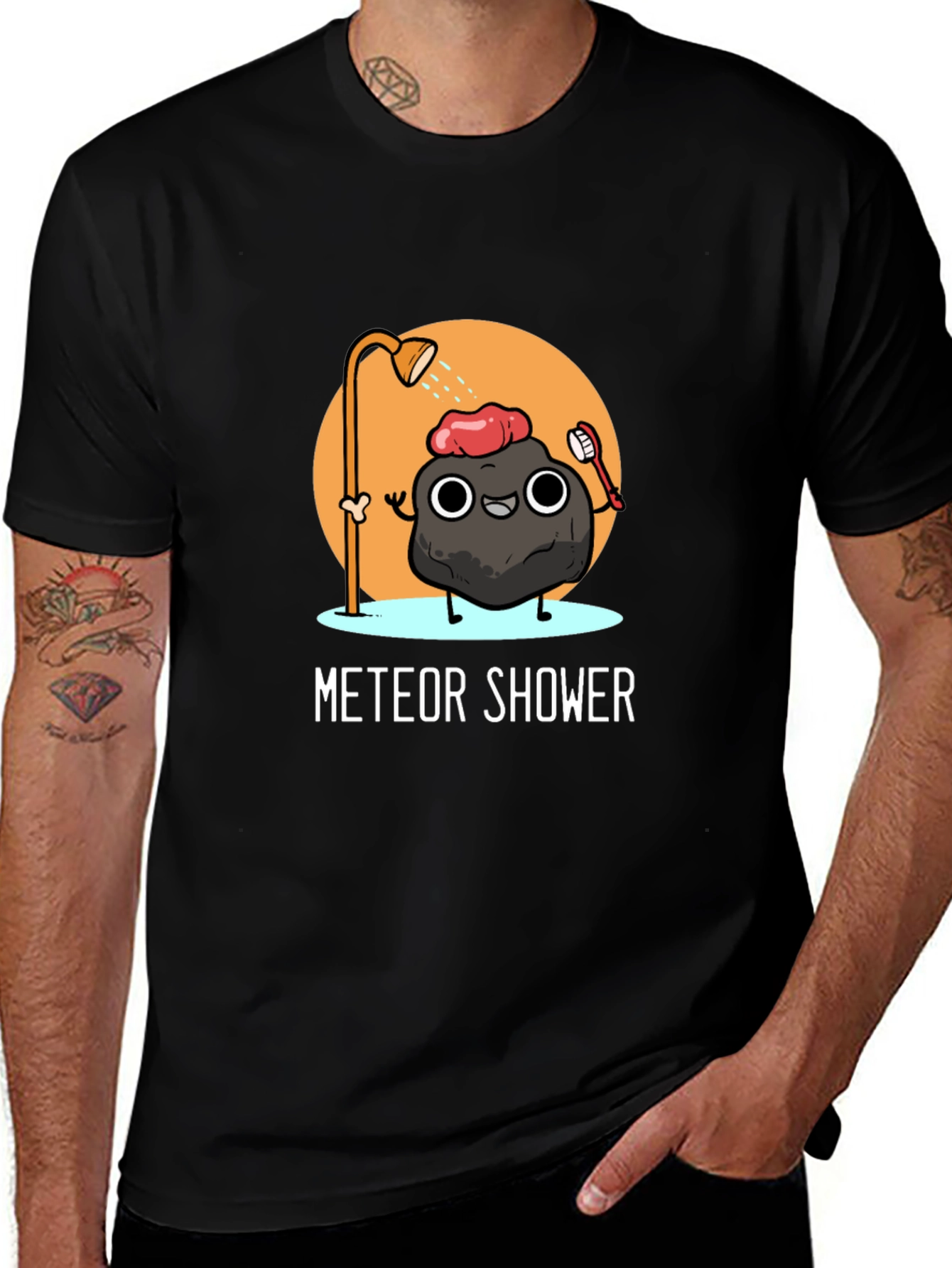 Meteor Shower Cartoon Black T-Shirt