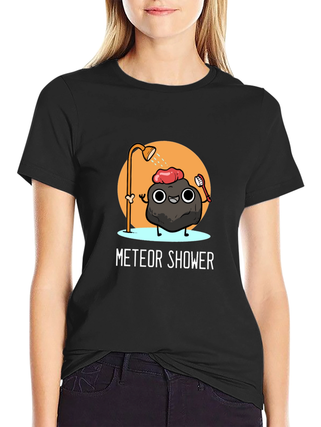 Meteor Shower Cartoon Black T-Shirt