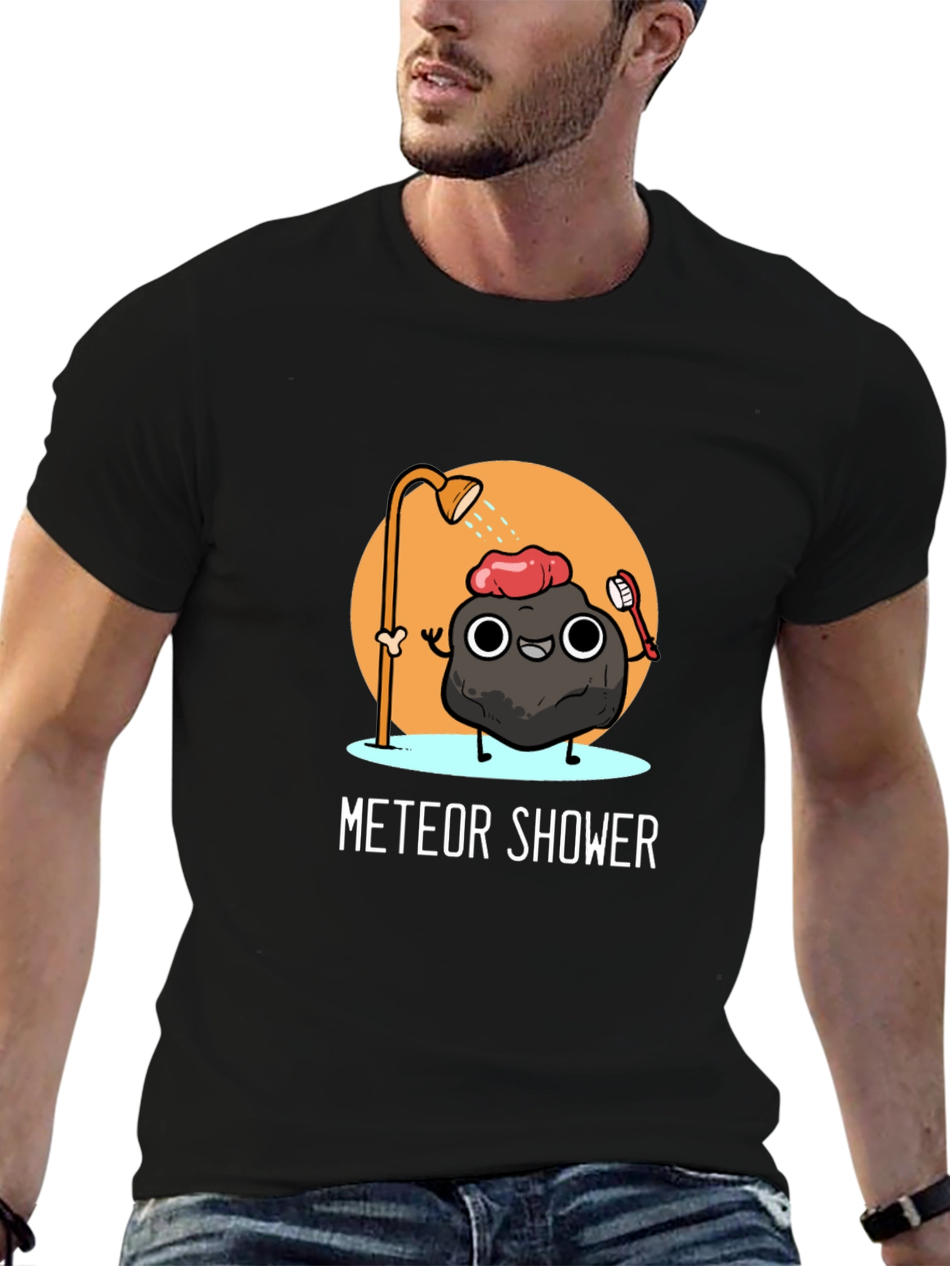 Meteor Shower Cartoon Black T-Shirt