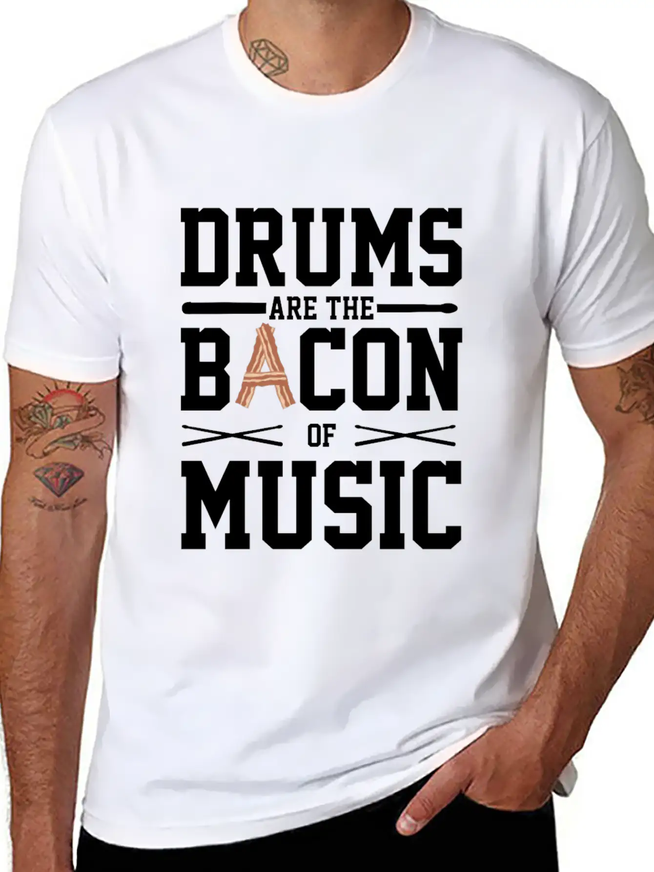 Drums Are The Bacon Of Music Funny Musician Gift Breathable Soft Cotton T-Shirt – Timeless Casual Look