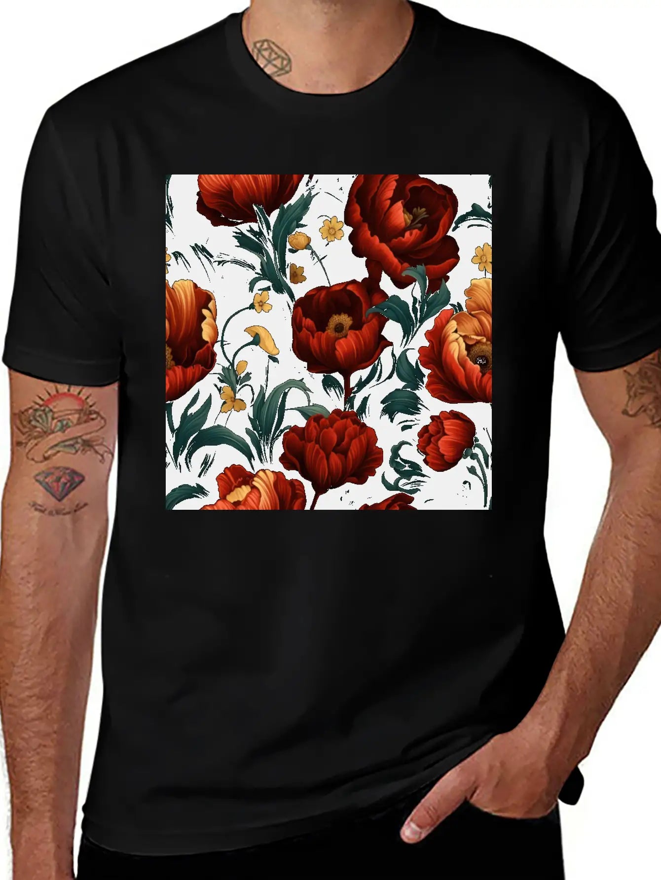 Dutch Nocturne: Luminous Floral Pastoral On Black Essential Cotton Tee For Daily Outfits – Unisex Style