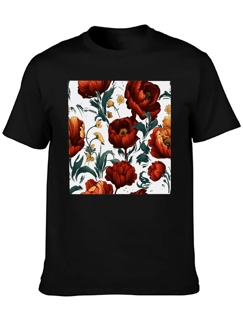 Dutch Nocturne: Luminous Floral Pastoral On Black Essential Cotton Tee For Daily Outfits – Unisex Style