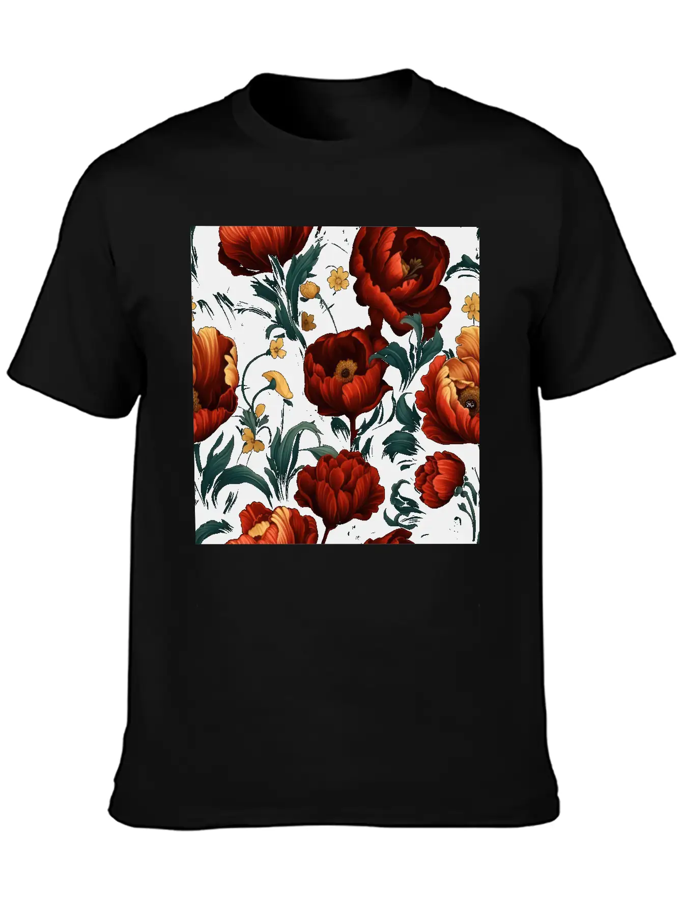 Dutch Nocturne: Luminous Floral Pastoral On Black Essential Cotton Tee For Daily Outfits – Unisex Style
