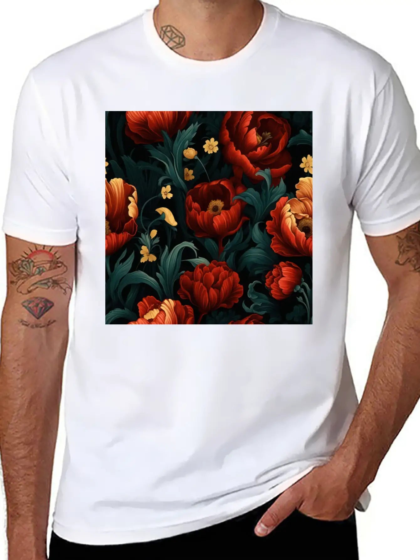 Dutch Nocturne: Luminous Floral Pastoral On Black Essential Cotton Tee For Daily Outfits – Unisex Style