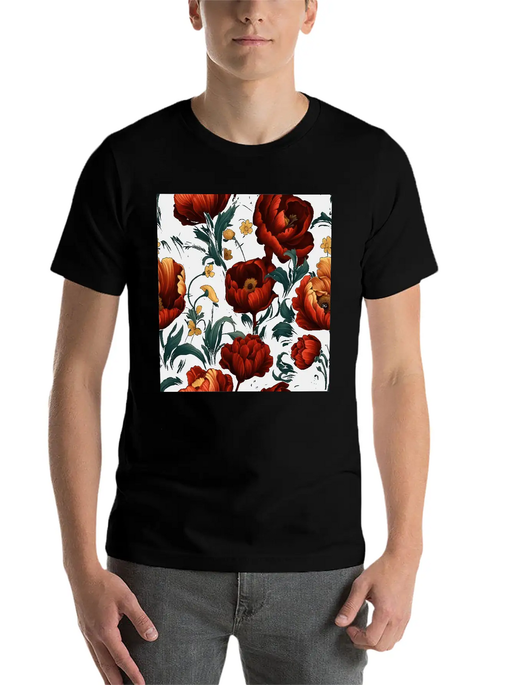 Dutch Nocturne: Luminous Floral Pastoral On Black Essential Cotton Tee For Daily Outfits – Unisex Style