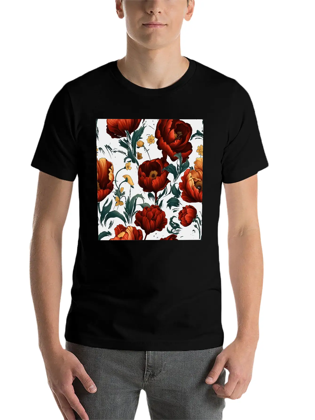 Dutch Nocturne: Luminous Floral Pastoral On Black Essential Cotton Tee For Daily Outfits – Unisex Style