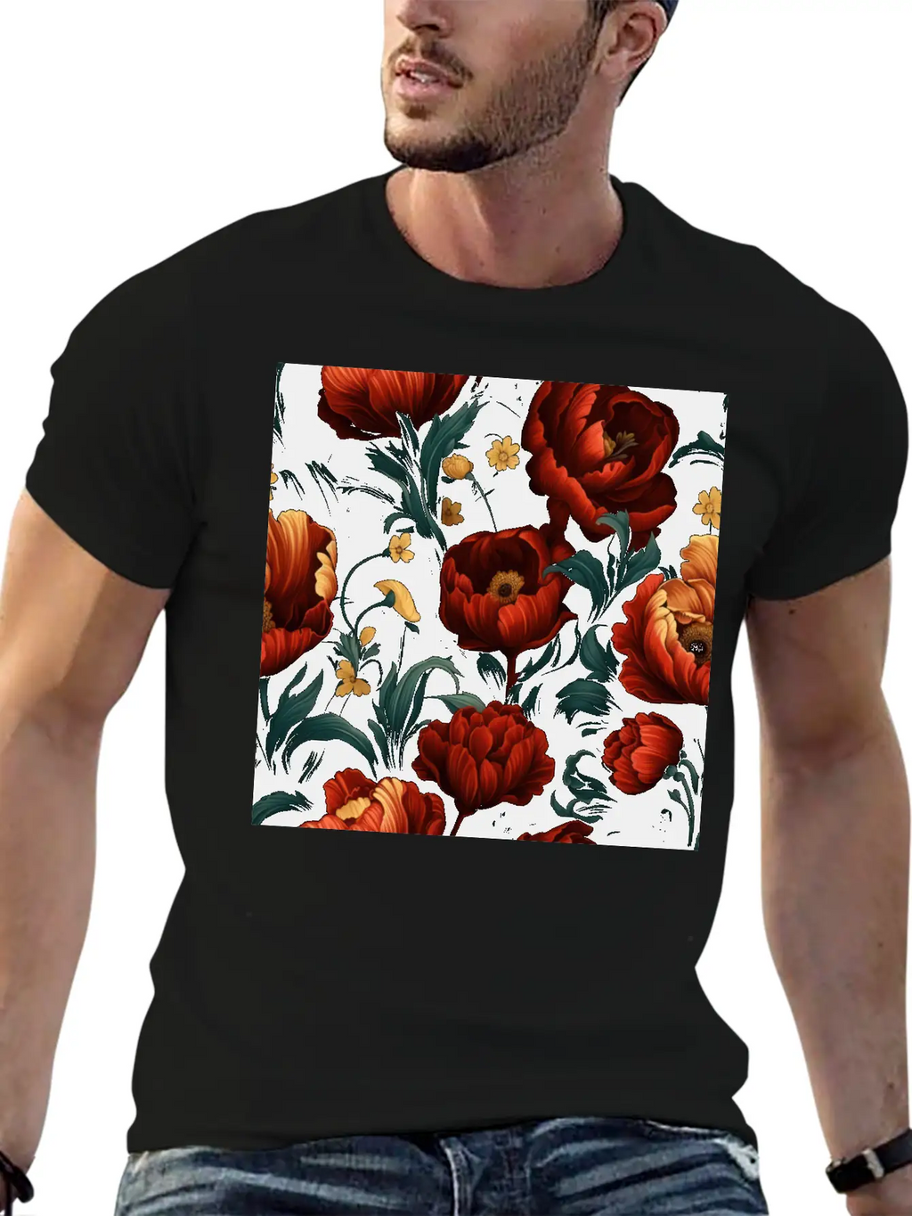 Dutch Nocturne: Luminous Floral Pastoral On Black Essential Cotton Tee For Daily Outfits – Unisex Style