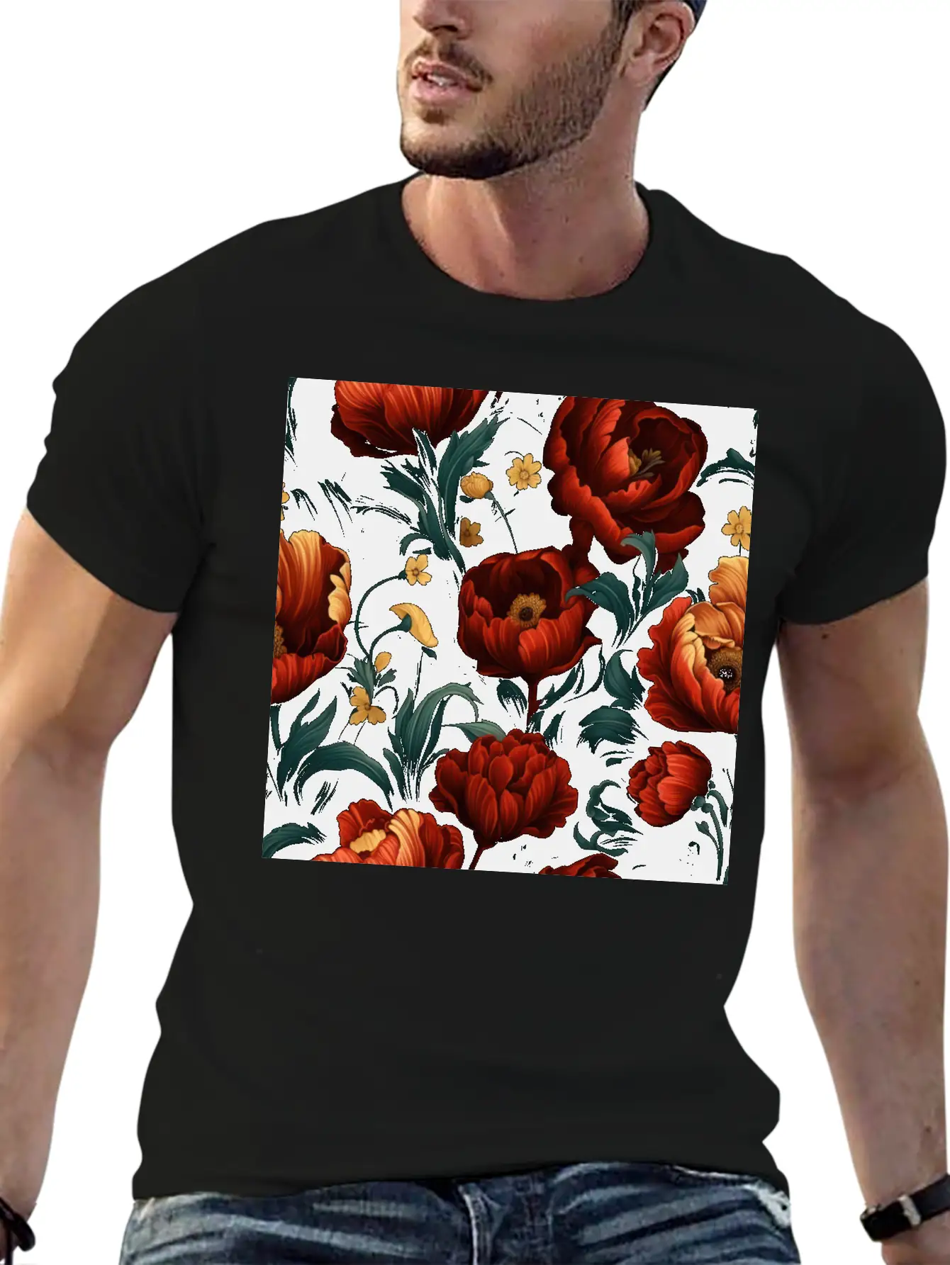 Dutch Nocturne: Luminous Floral Pastoral On Black Essential Cotton Tee For Daily Outfits – Unisex Style