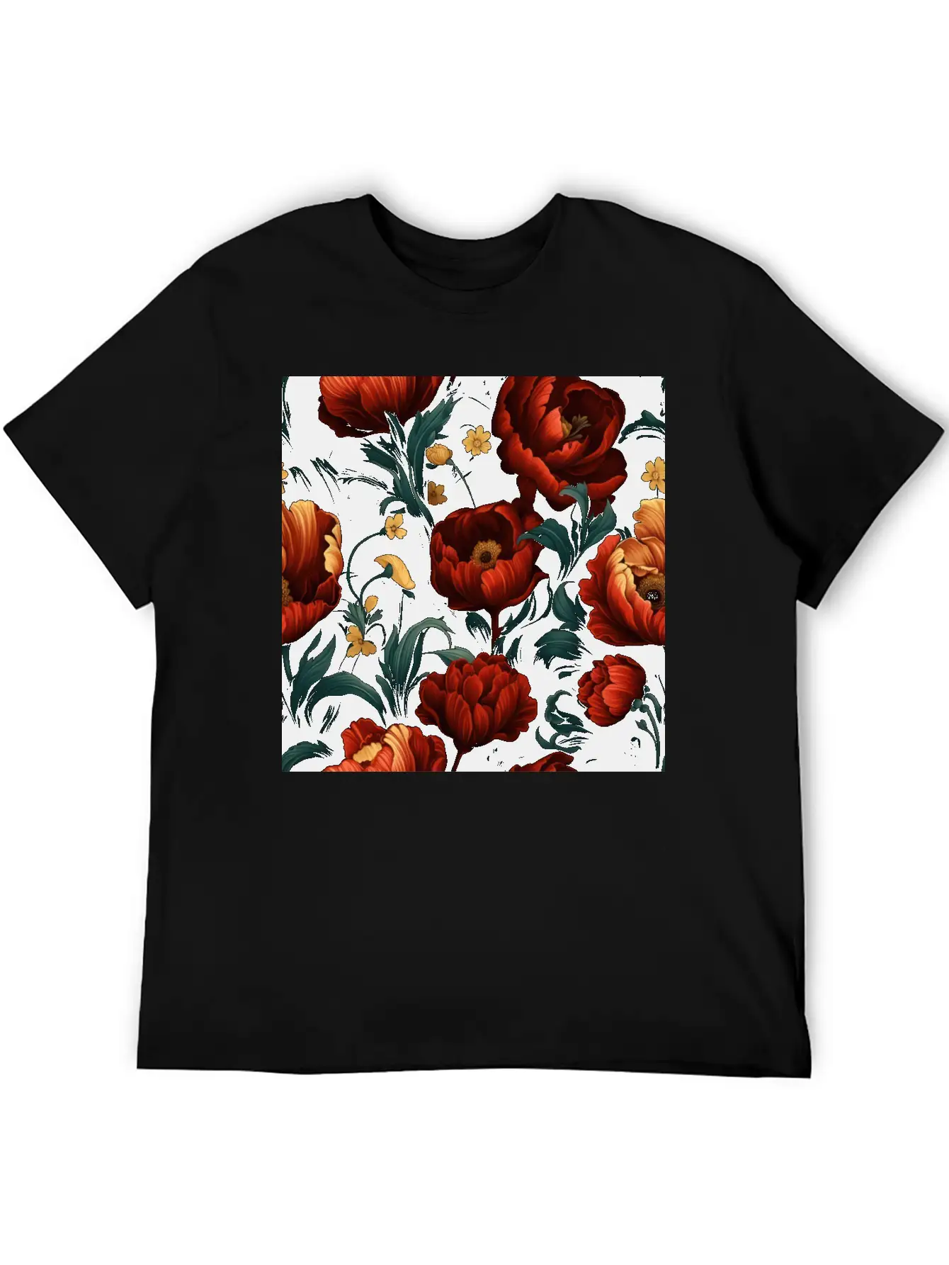 Dutch Nocturne: Luminous Floral Pastoral On Black Essential Cotton Tee For Daily Outfits – Unisex Style