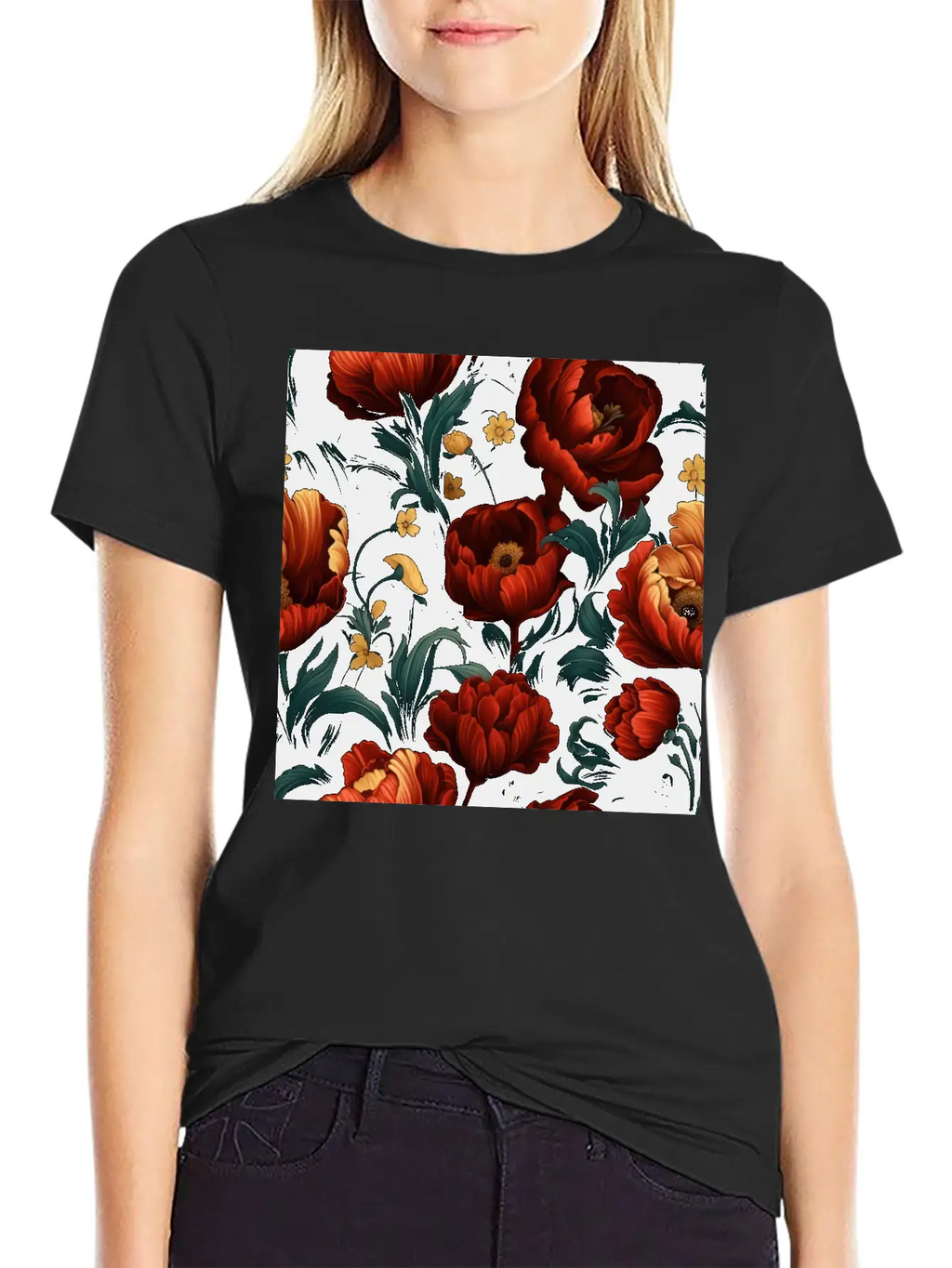 Dutch Nocturne: Luminous Floral Pastoral On Black Essential Cotton Tee For Daily Outfits – Unisex Style