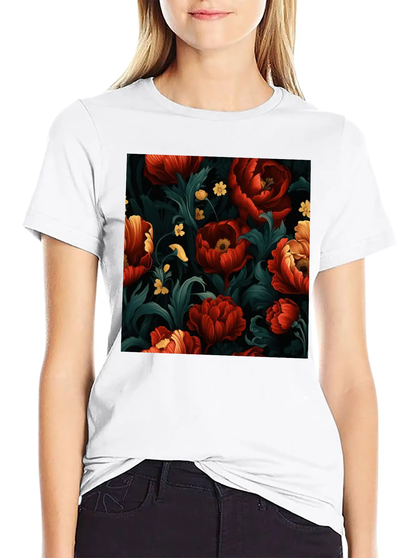 Dutch Nocturne: Luminous Floral Pastoral On Black Essential Cotton Tee For Daily Outfits – Unisex Style