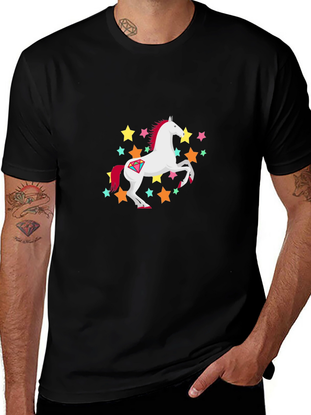 Unicorn Stars Graphic Print Black T-Shirt