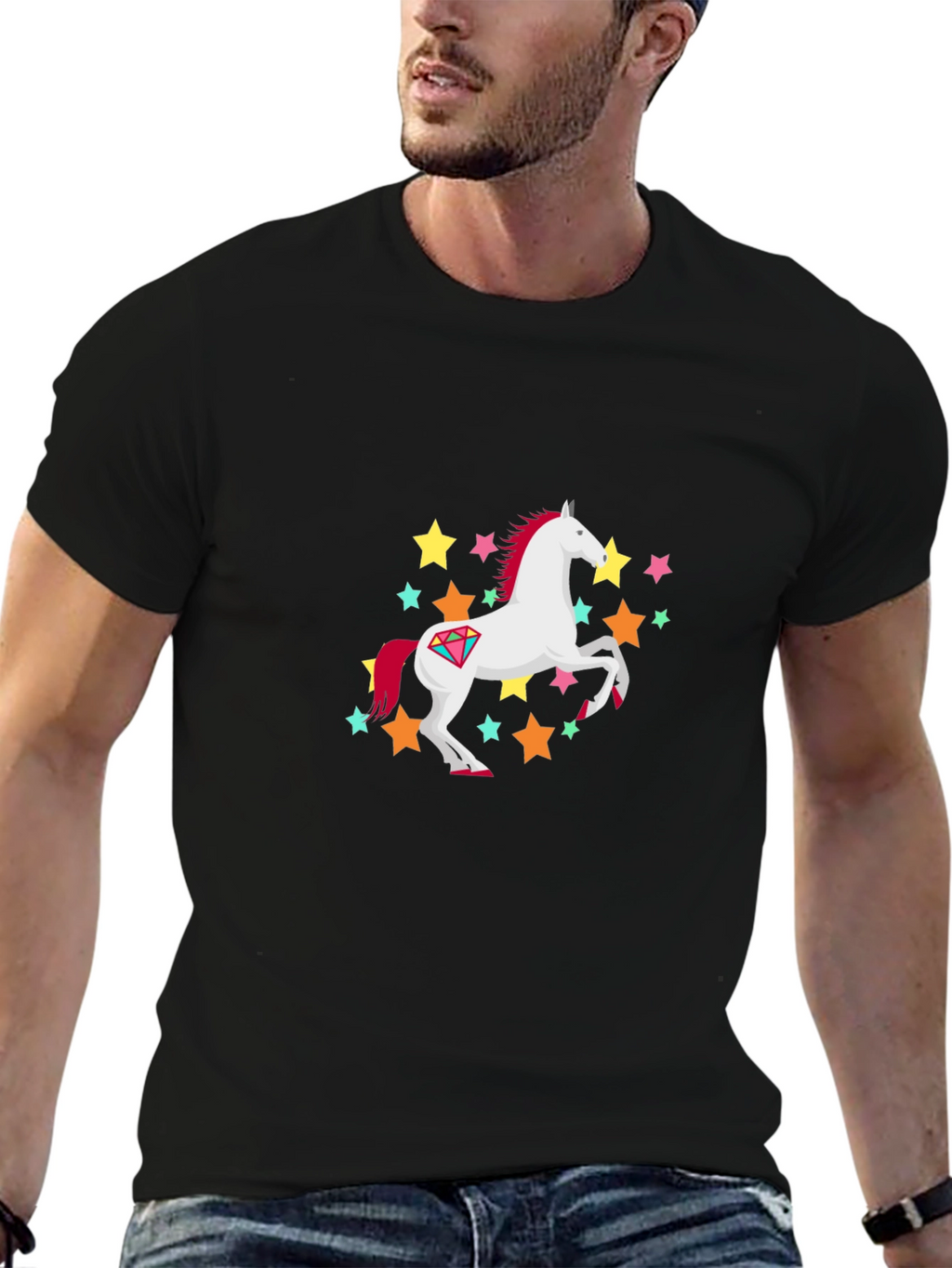 Unicorn Stars Graphic Print Black T-Shirt