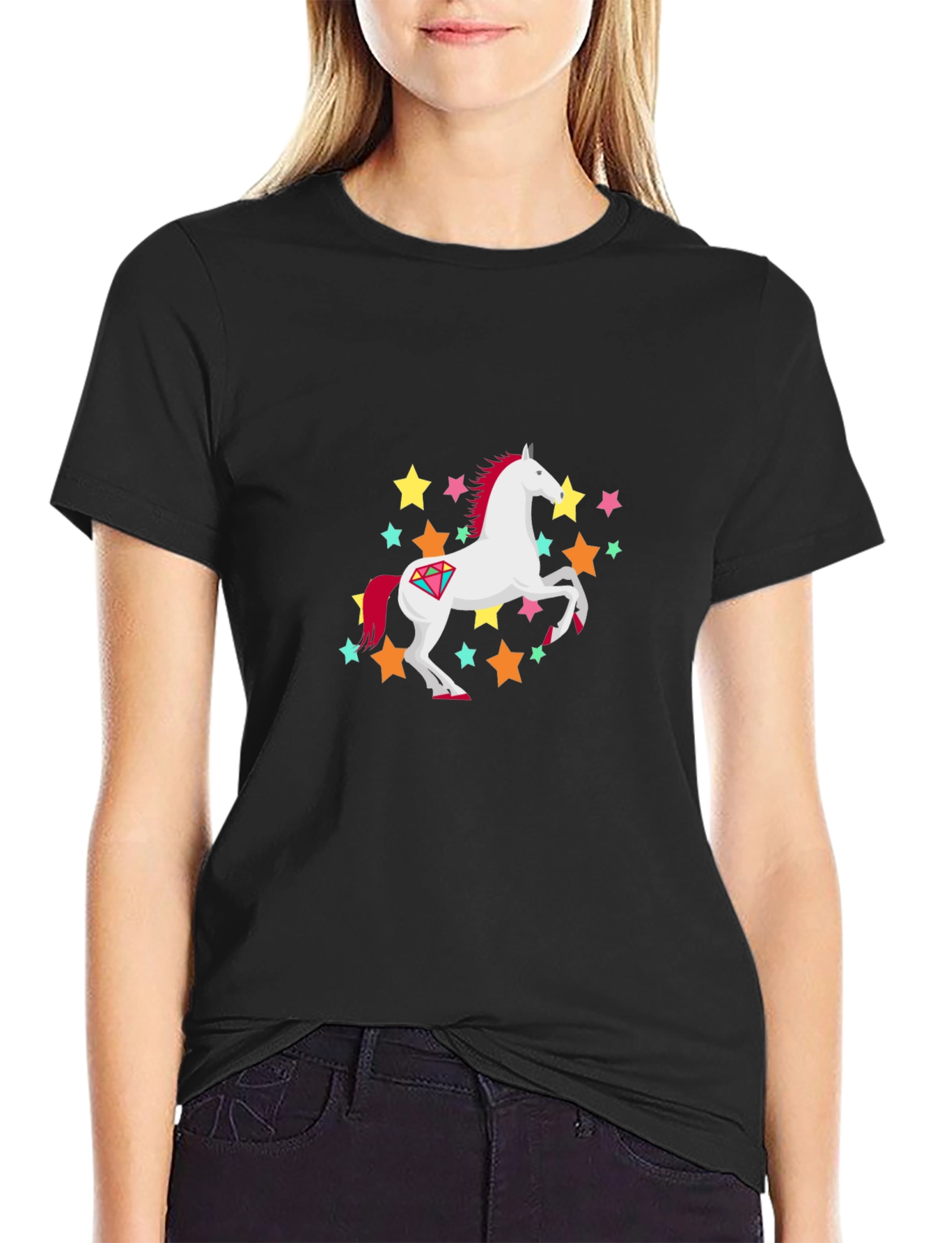 Unicorn Stars Graphic Print Black T-Shirt
