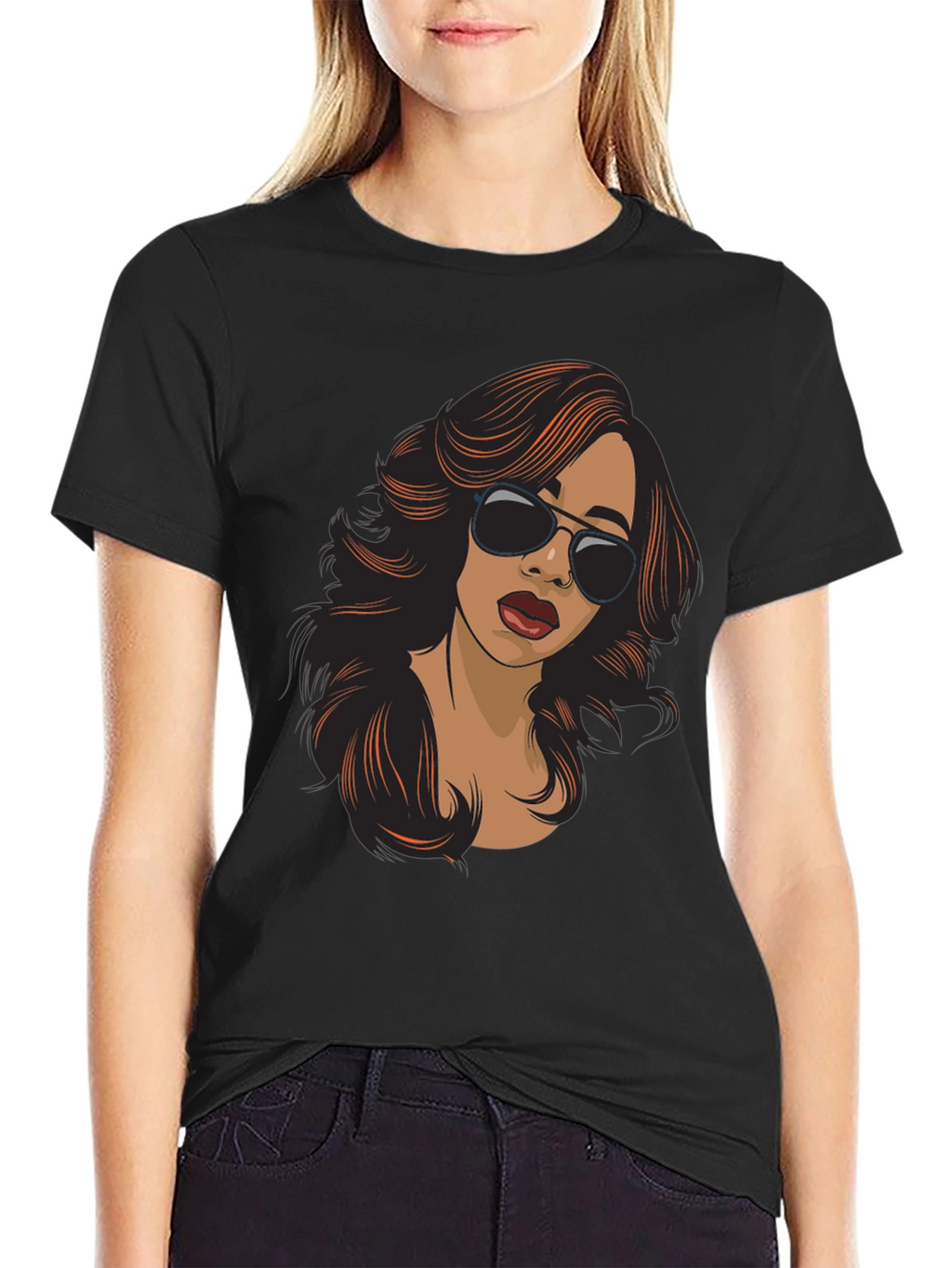 Stylish Cartoon Woman Graphic Print Black T-Shirt